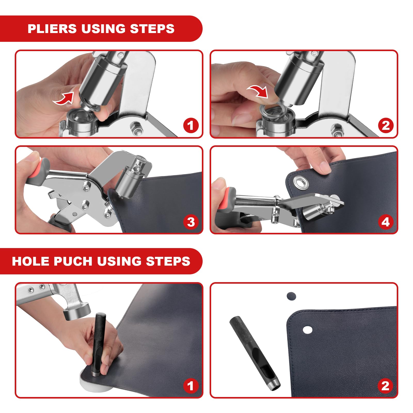 Kit de herramientas con ojales, con alicates de ojales de mano en dos tamaños, junto con 100 ojales plateados (10 mm) y 100 piezas (6 mm), herramienta de ojales para lonas, tela, cortinas de