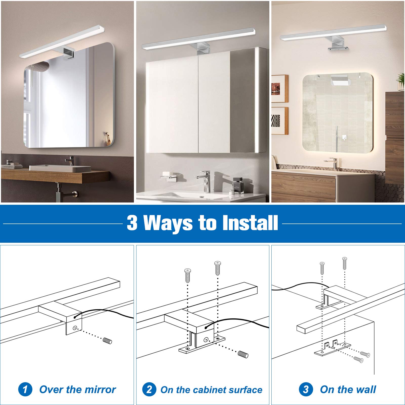 APONUO Lámpara LED de Baño 60cm | Espejo de Luz 15W | 4000K | 6000K | 1500lm | IP44 | Iluminación de Armario de Maquillaje de Acero Inoxidable 600mm Con Interruptor