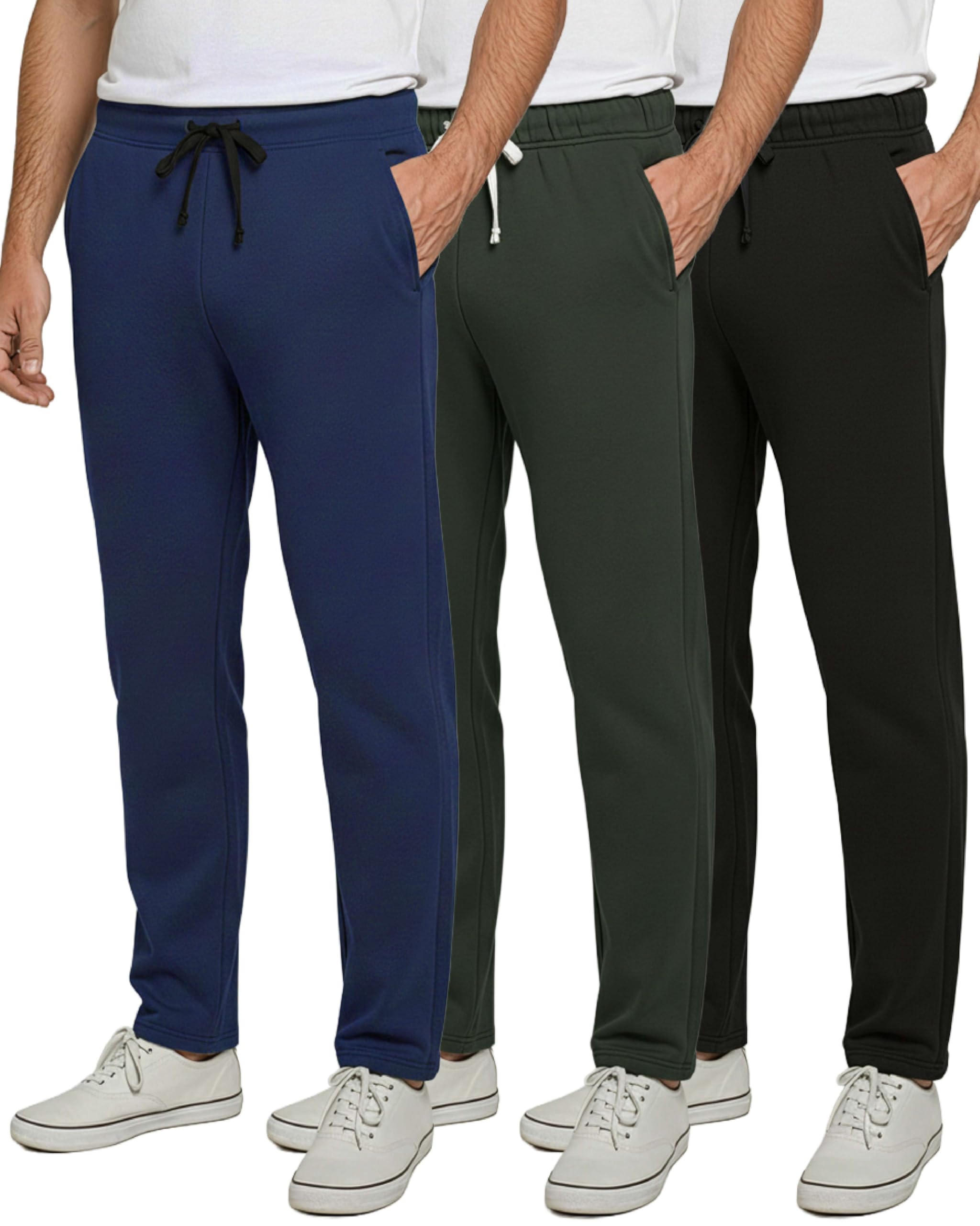 Real Essentials 3 Pack: Men's Tech Fleece Athletic Casual Open Bottom Sweatpants with Pockets (Available in Big & Tall)