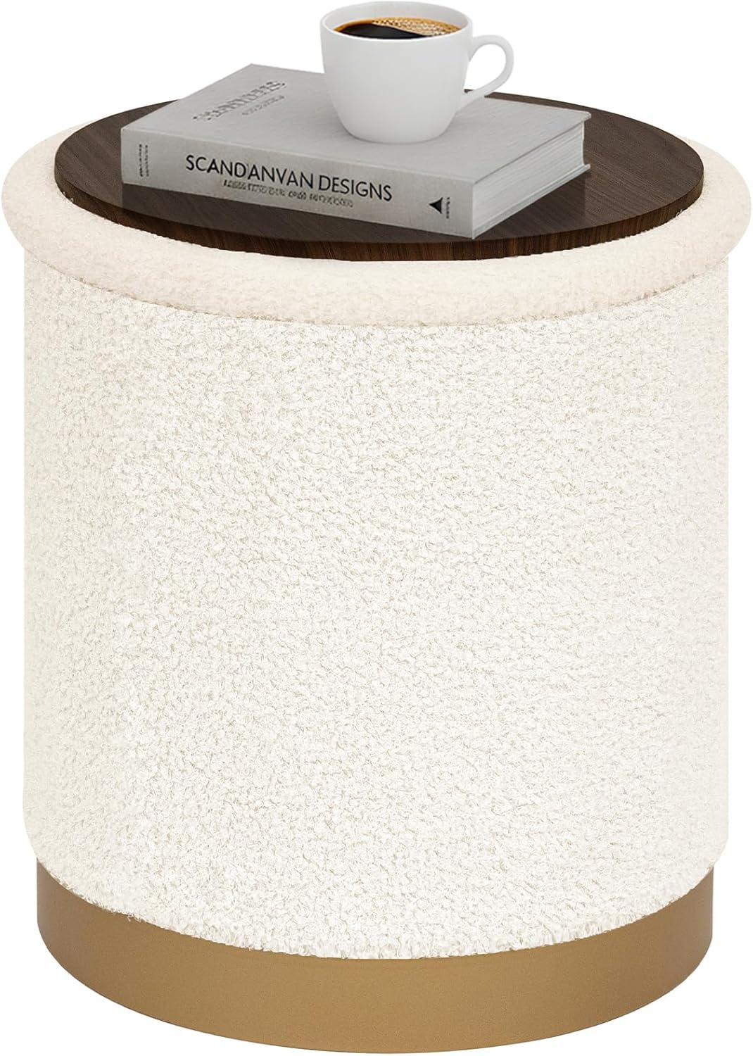 PINPLUS Round White Boucle Storage Ottoman, 14.7"x14.7"x16.3" – Soft Teddy Footstool with Hidden Storage for Bedroom & Apartment, 220 LBS Capacity