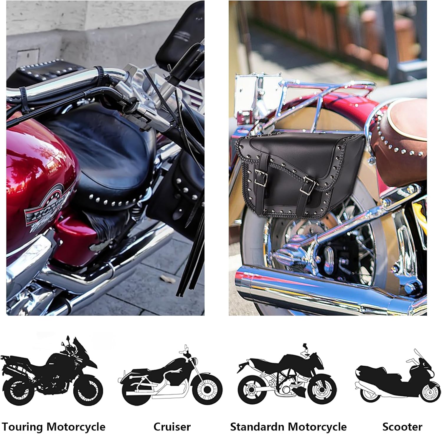 GARGOYLE BELLS Motorcycle Saddle Bags Studded PVC Motorcycle Luggage Bag with Gun Holsters For Softails Sportsters and Choppers Waterproof Tool Bags