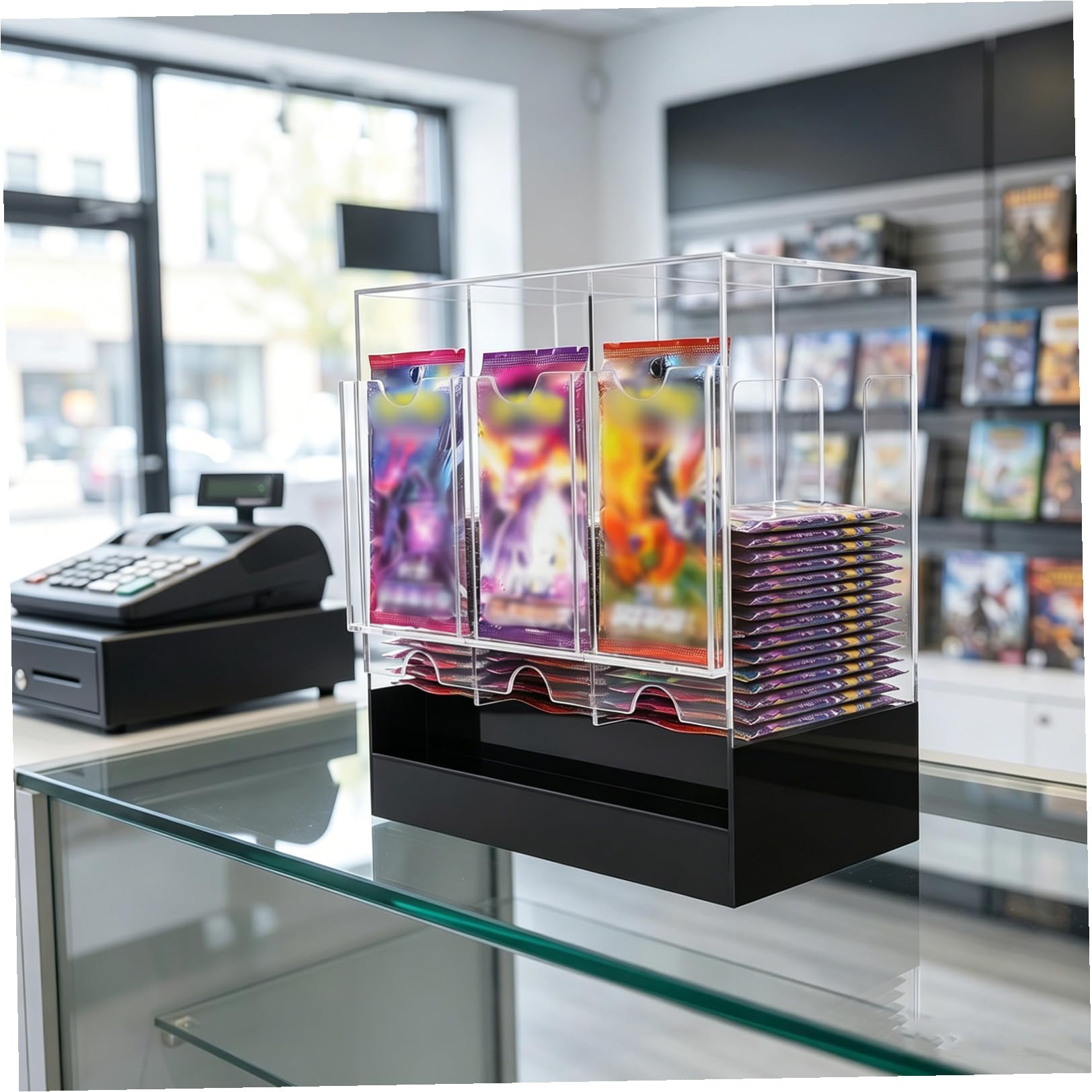 TOYANDONA Booster Cards Display Box avec Base Noire Support Acrylique Transparent pour Packs par Compartiment Organisateur de Cartes de Jeu et Collection pour Boutiques de Jeux et Sports