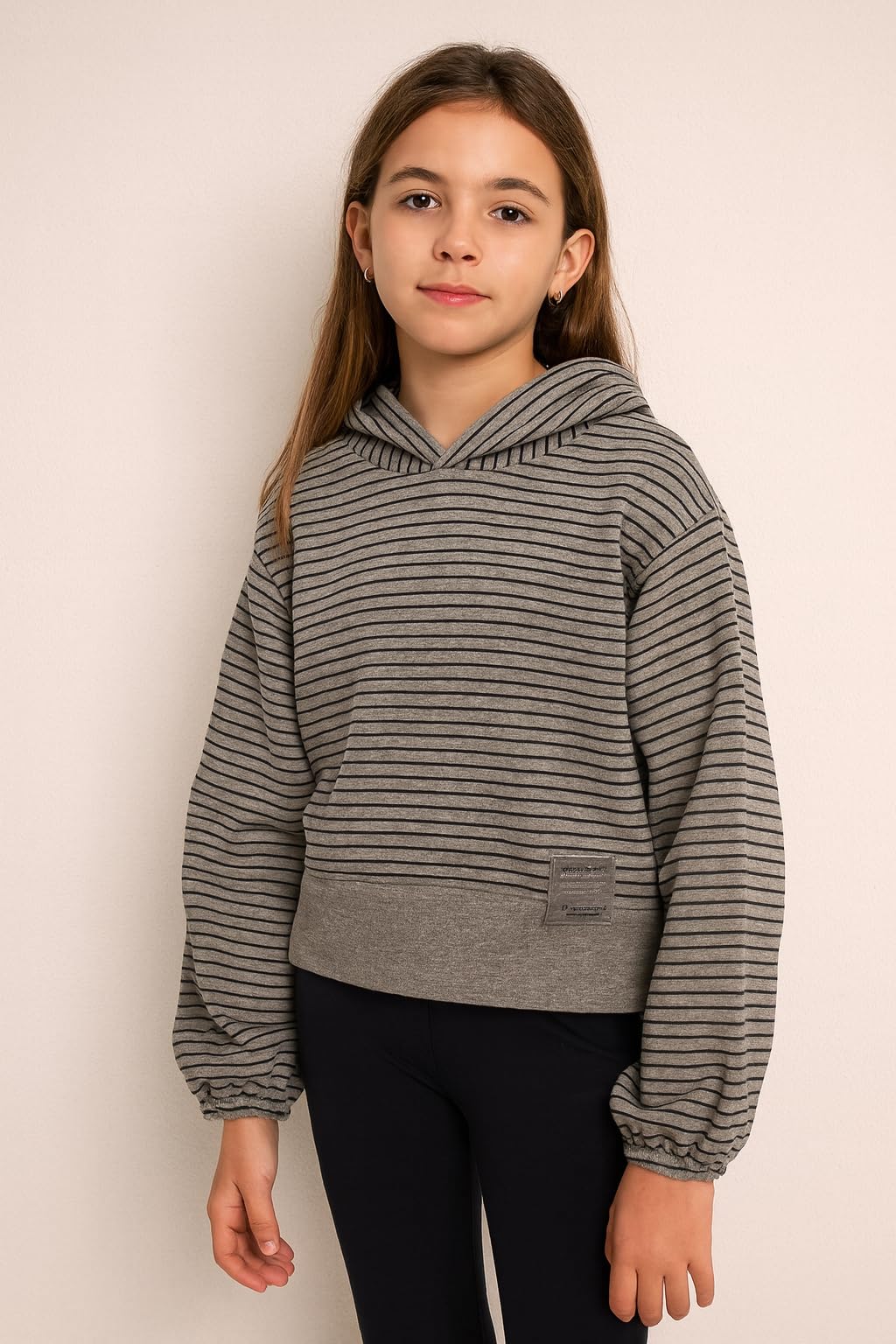 Generico Felpa Bambina Ragazza 10-16 Anni con Cappuccio – Maglia a Righe Grigia in Cotone Morbido, Maniche Lunghe con Polsini Elasticizzati, Stile Casual Comodo per Scuola e Tempo Libero