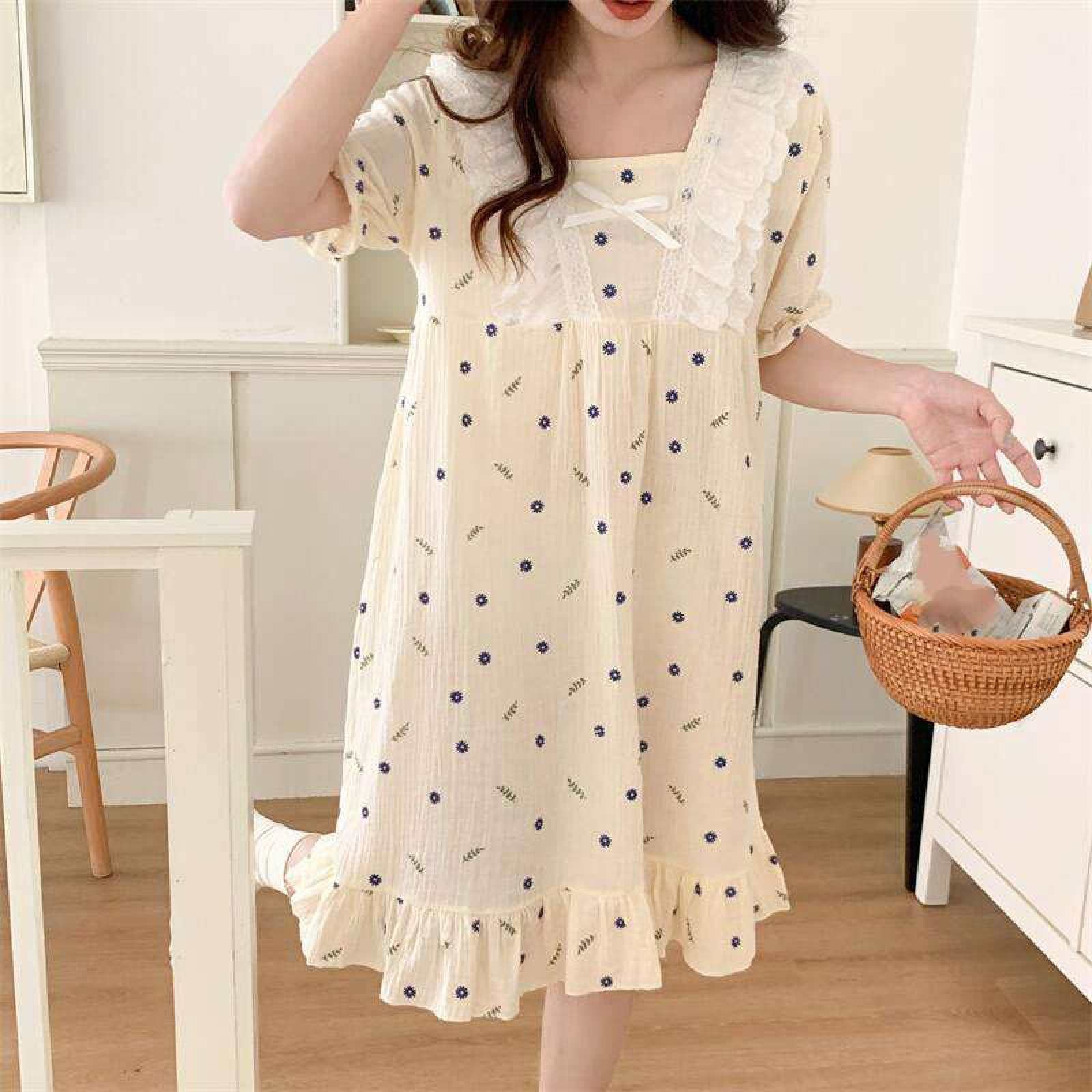 Damen-Nachthemd Aus Baumwoll-Jacquard, Loungewear – Sommer, Süßer Blumendruck, Spitze, Quadratischer Ausschnitt, Spitze, Kurzärmeliges Kleid, Schleifenknoten-Nachthemd, Homewear, Modisches Mädc