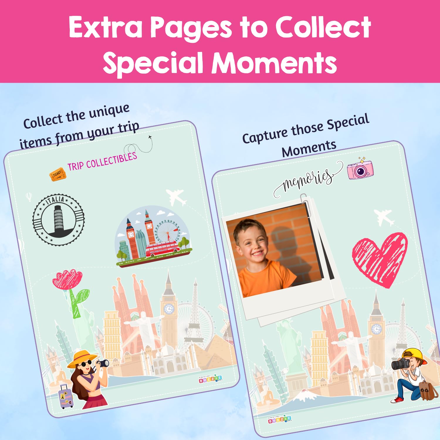 BuzzieWorld Lets Travel Memory Book with Stickers | Scrap Books for Kids | Travel Scrapbook | Memory Book | for Ages 6-8Years, 9-11 Years, 12-14 Year Old Boys and Girls (Single Pack) 2