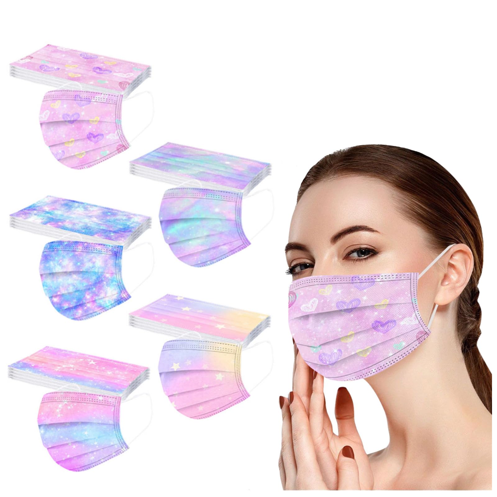 50 Pack Pink Disposable Face Mask, 3 Ply Breathable Cute Printed Face Masks for Adults Women Full Face Protection