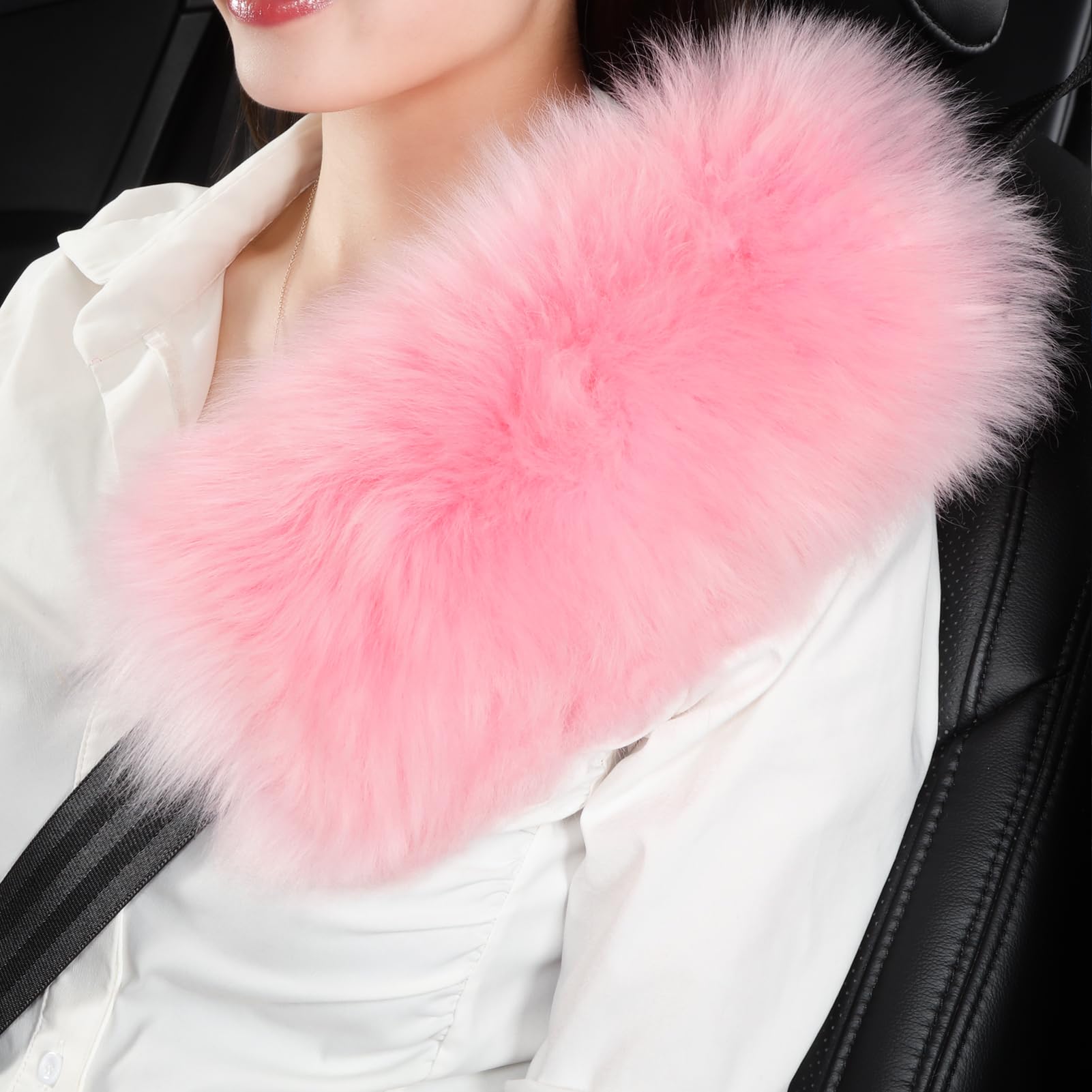 OGLAND Cute Fuzzy Sheepskin Seat Belt Cover, Fluffy Long Wool Seatbelt Cover Pad for Universal Car Auto Accessories Pet Adults Women Should Pad,2 Pack