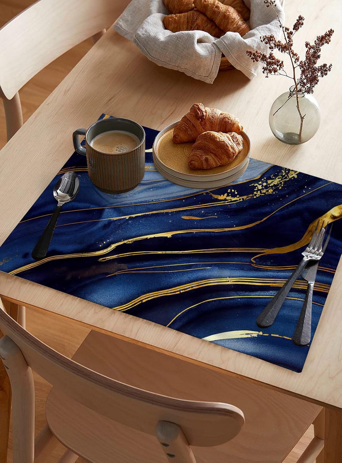 Marble Placemats for Dining Table Set of 6, Cotton Linen Cloth for Square/Rectangle/Round Table Mat Placemat, Modern Navy Blue Abstract Gold Kitchen Dinner Holiday Décor