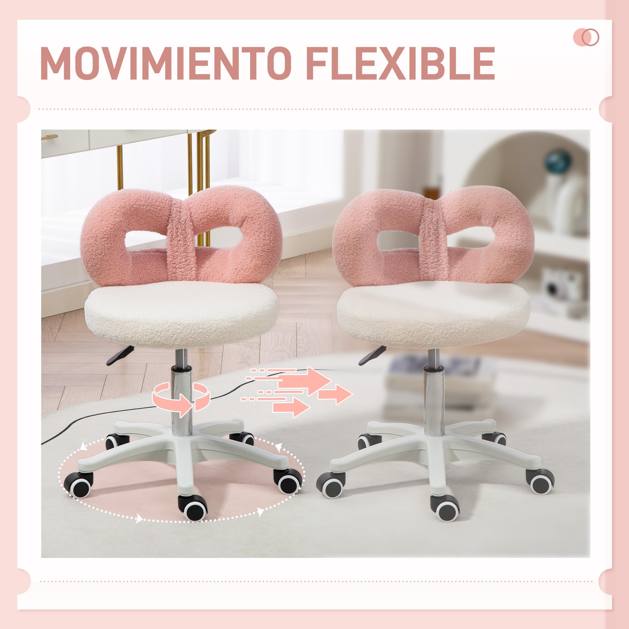 HOMCOM Taburete Giratorio con Respaldo con Ruedas 63-77 cm Blanco y Rosa | Taburete con Ruedas, Altura Regulable, Tapizado en Tejido de Borreguito, para Oficina Tocador Salones Talleres Spa Masaje