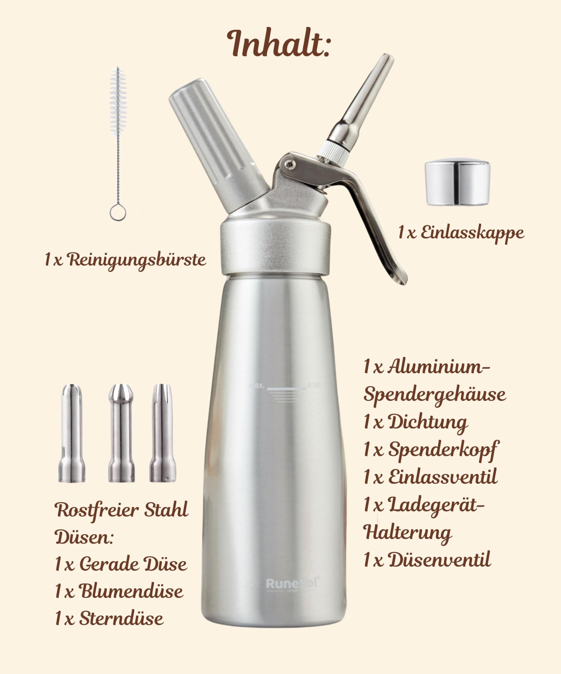 Runesol Sahnespender 500ml, Professionelle Sahnesyphon für Nachspeisen, Sahnesiphon mit 3 Edelstahl Deko-Düsen, Schlagsahne Sprühdose und Espuma Flasche, Aluminium Whipped Cream Dispenser