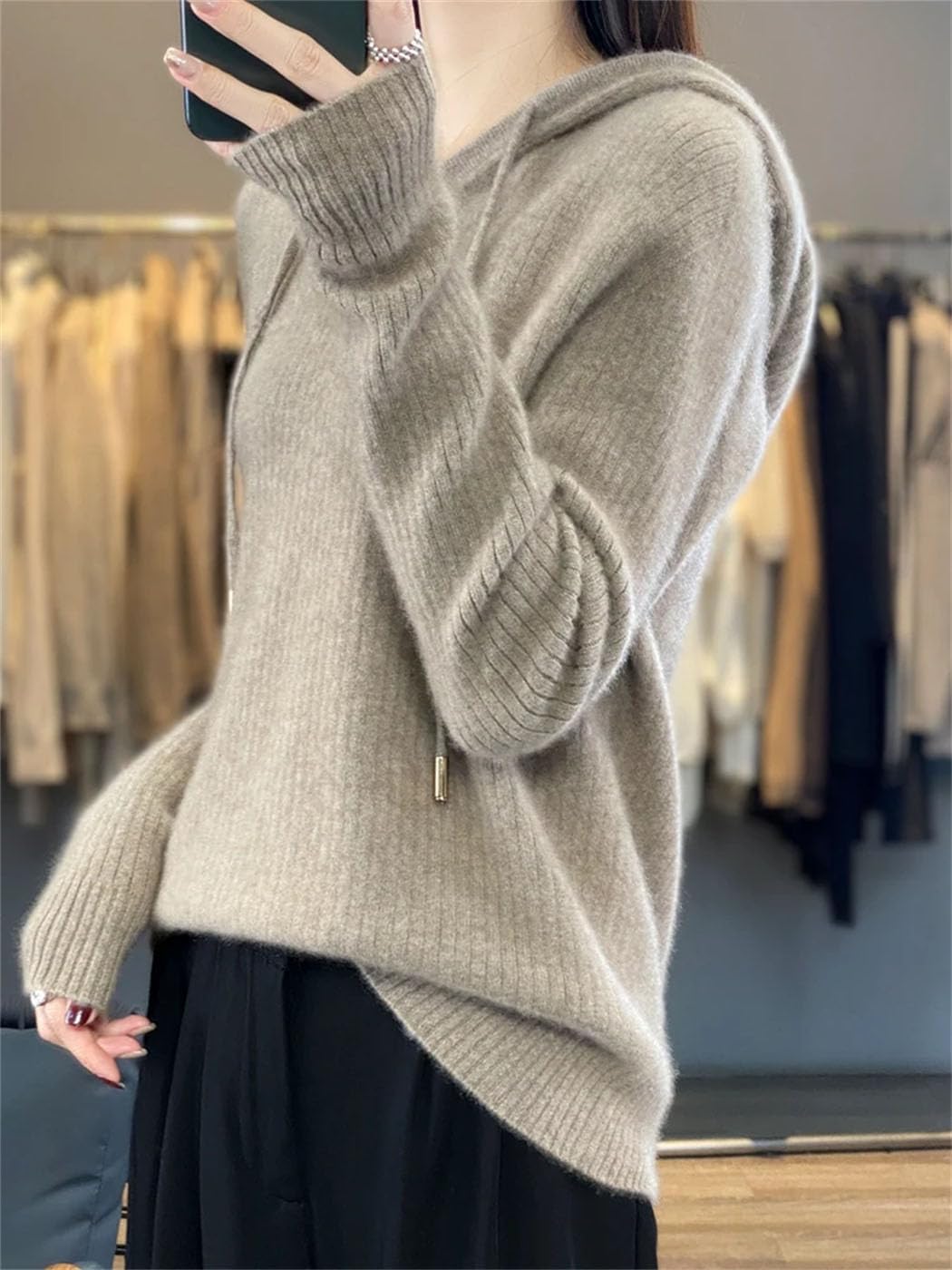 Women's Sweater Casual Hoodie 100% Merino Wool Solid Long Sleeve Drawstring Knitted Pullover Fall Winter Tops