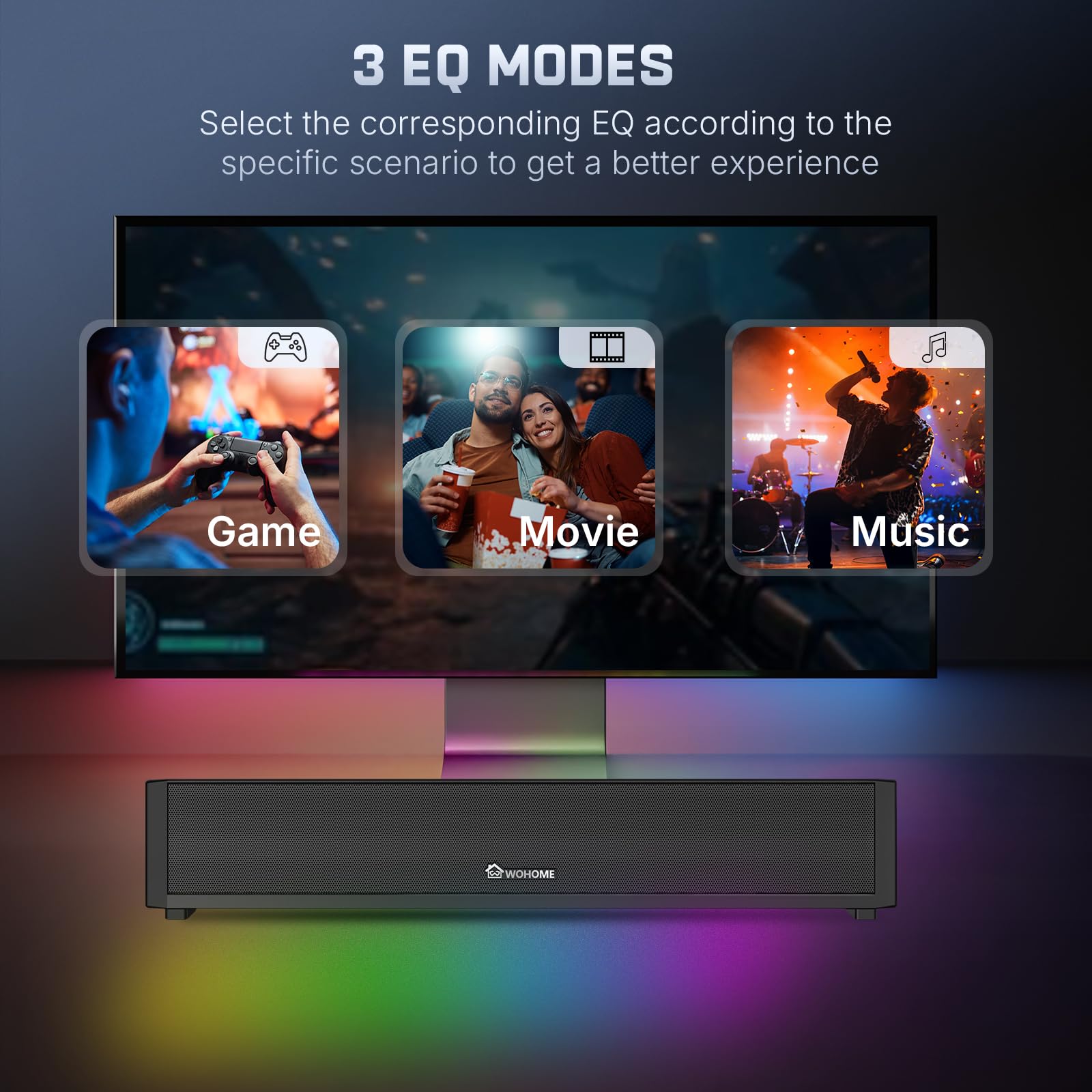 Altavoces de computadora 2.1 para PC de escritorio, barra de sonido Bluetooth 5.3 PC con 7 modos de luz RGB, altavoces de juegos para laptop alimentados por CC con entrada auxiliar de 3.5 mm