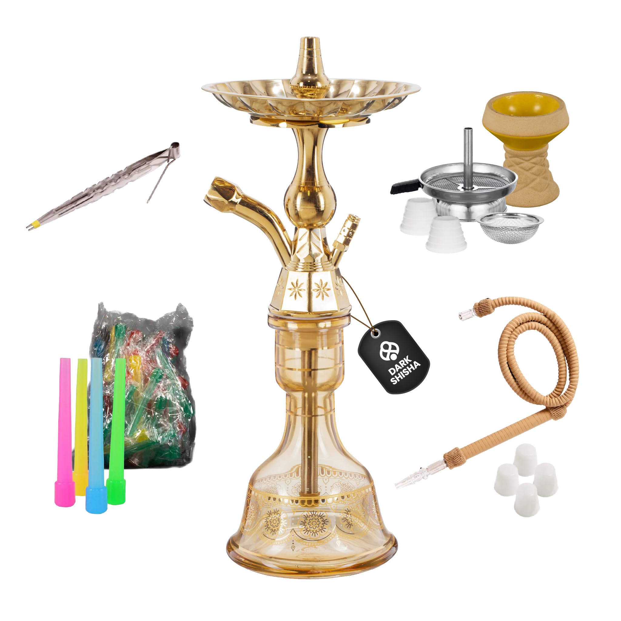 Dark Shisha Cachimba Tradicional Luna Ámbar 44,5 cm + 50 Boquillas Desechables de Colores | Set Completo con Manguera Tradicional, Cazoleta de Piedra, Chimenea, Pinza y Juntas