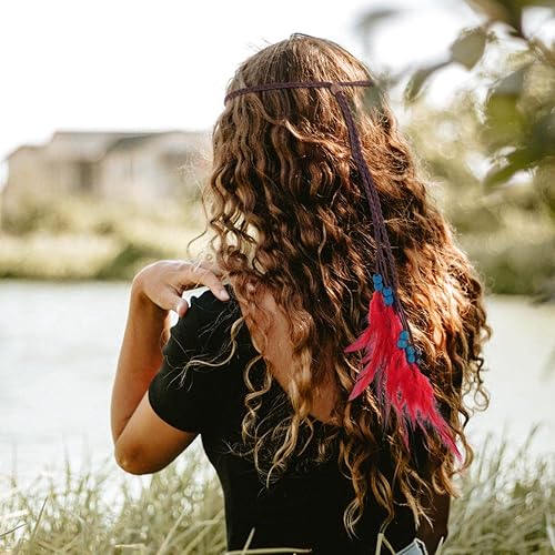 Miniatura 3 de GORTIN Diadema de plumas bohemias, diadema de plumas indias rojas, diadema gitana, diadema hippie, festival, fiesta, disfraz, diadema, festival,