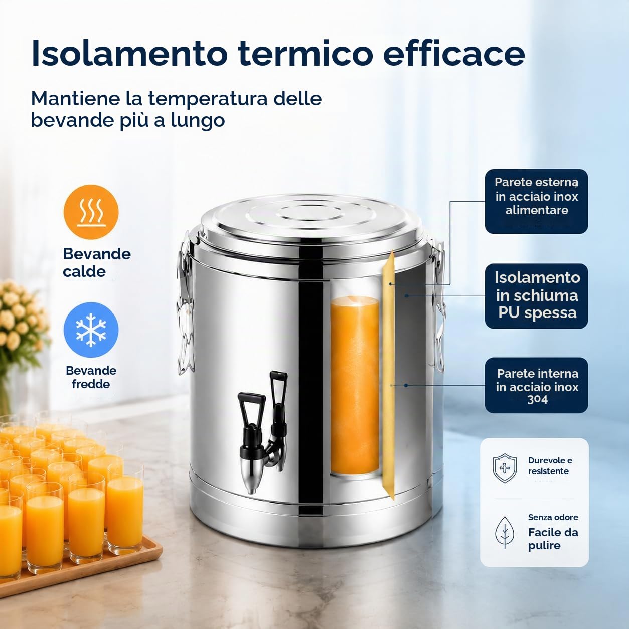 Contenitore termico per acqua in acciaio inox, 40 l, con rubinetto, in acciaio inox 201, isolamento da 18,5 mm, superficie lucidata, ideale per zuppe, stufati, tè e bevande calde