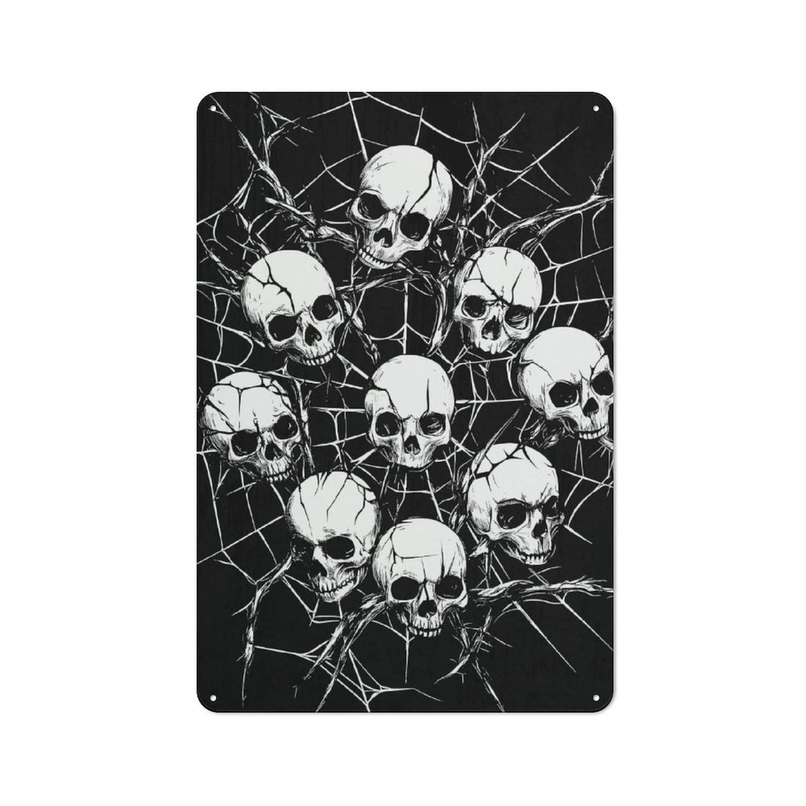 Junmoney Skulls In Spiderweb Printed Metal Sign 30X20cm For Kitchen Or Home Bar, For Kitchen Decor Lovers, For Retro Home Interiors
