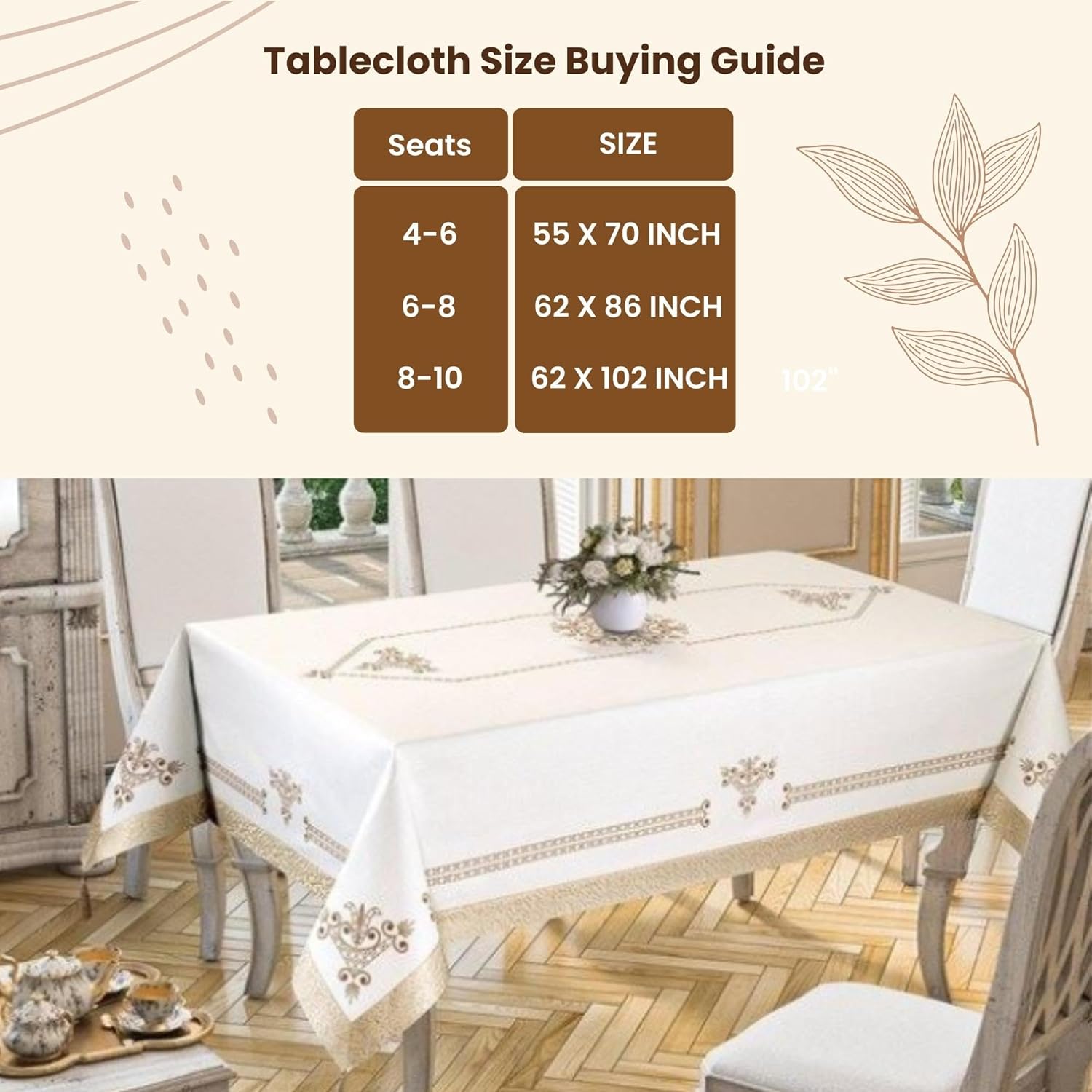 Tulip Premium Table Cloth Framed with Gold 4 Edge Strip Fabrics Stain and Dirt Resistant, Engineered Printed Tablecloth for Everyday Home Dining, Holiday tablecloths Made in Turkey 62x102 Inch