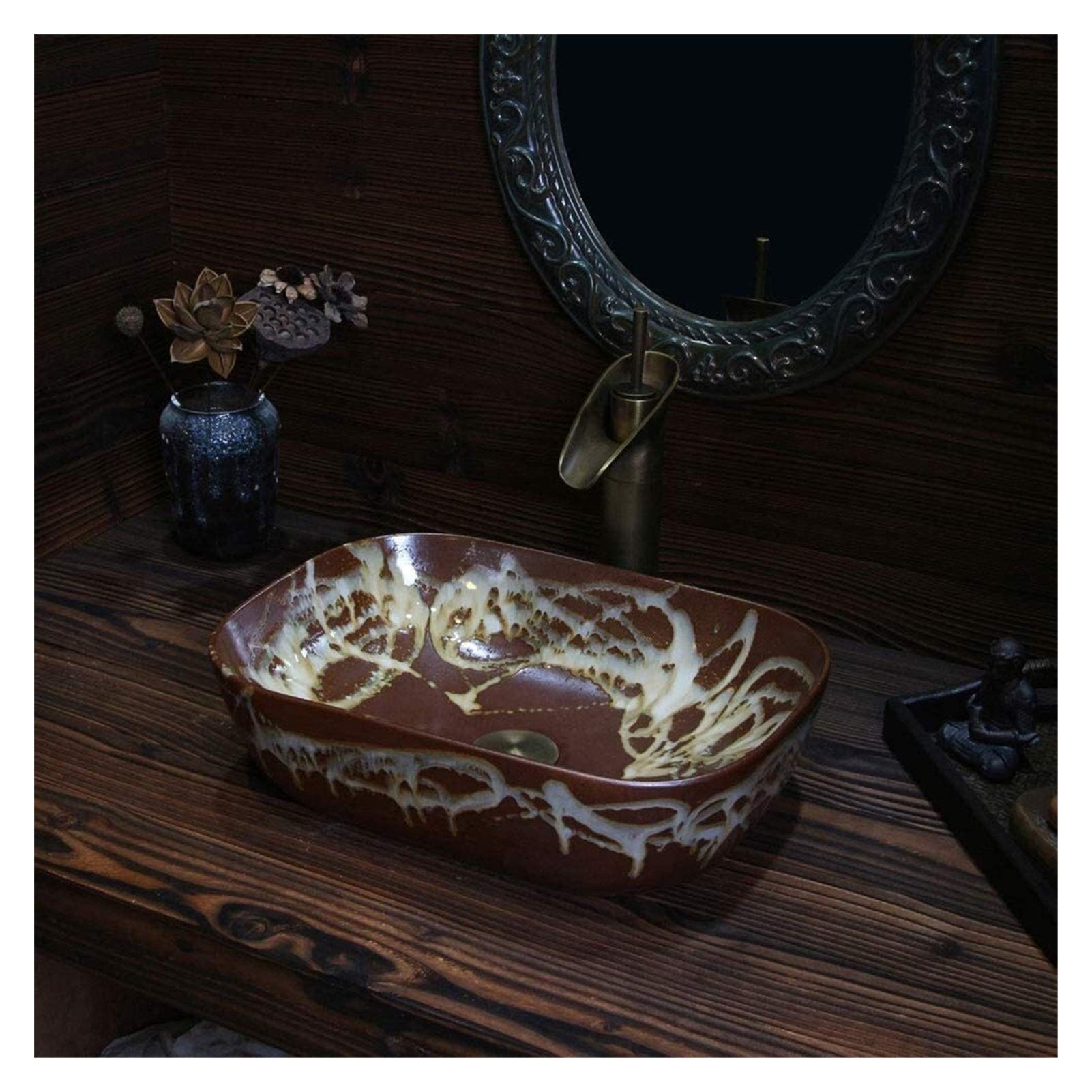 OLSKFUH Bathroom Vessel Sink, Antique Vanity Bowl Basin 12.9" X 9.3" Ceramic Bathroom Vessel Sink, Rectangle Hotel Decor Above Counter Vessel Sinks,