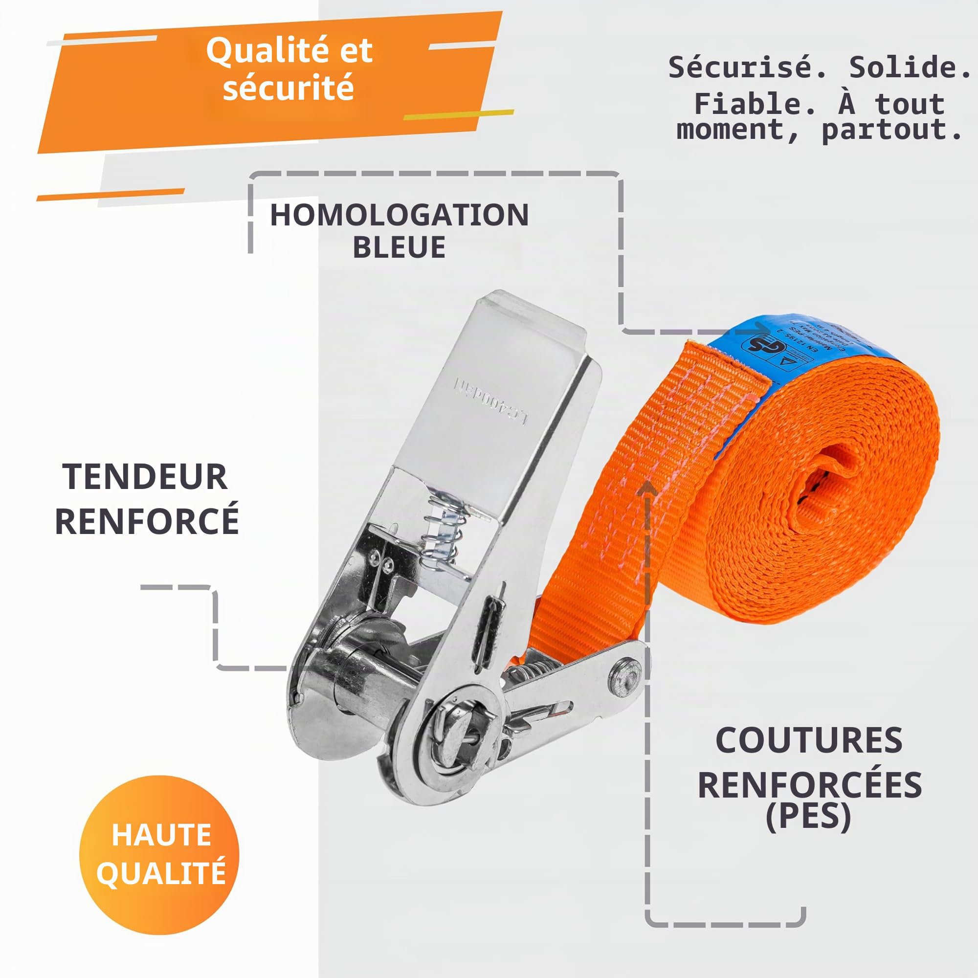 INTAKO Lot de 4 Sangles à Cliquet (4m ou 6m) - 25mm 800kg - Sangles d’Arrimage Moto, Remorque, Quad, Bagages - Certifiées TÜV GS, DIN en 12195-2 (Orange, 4m (Lot de 4))