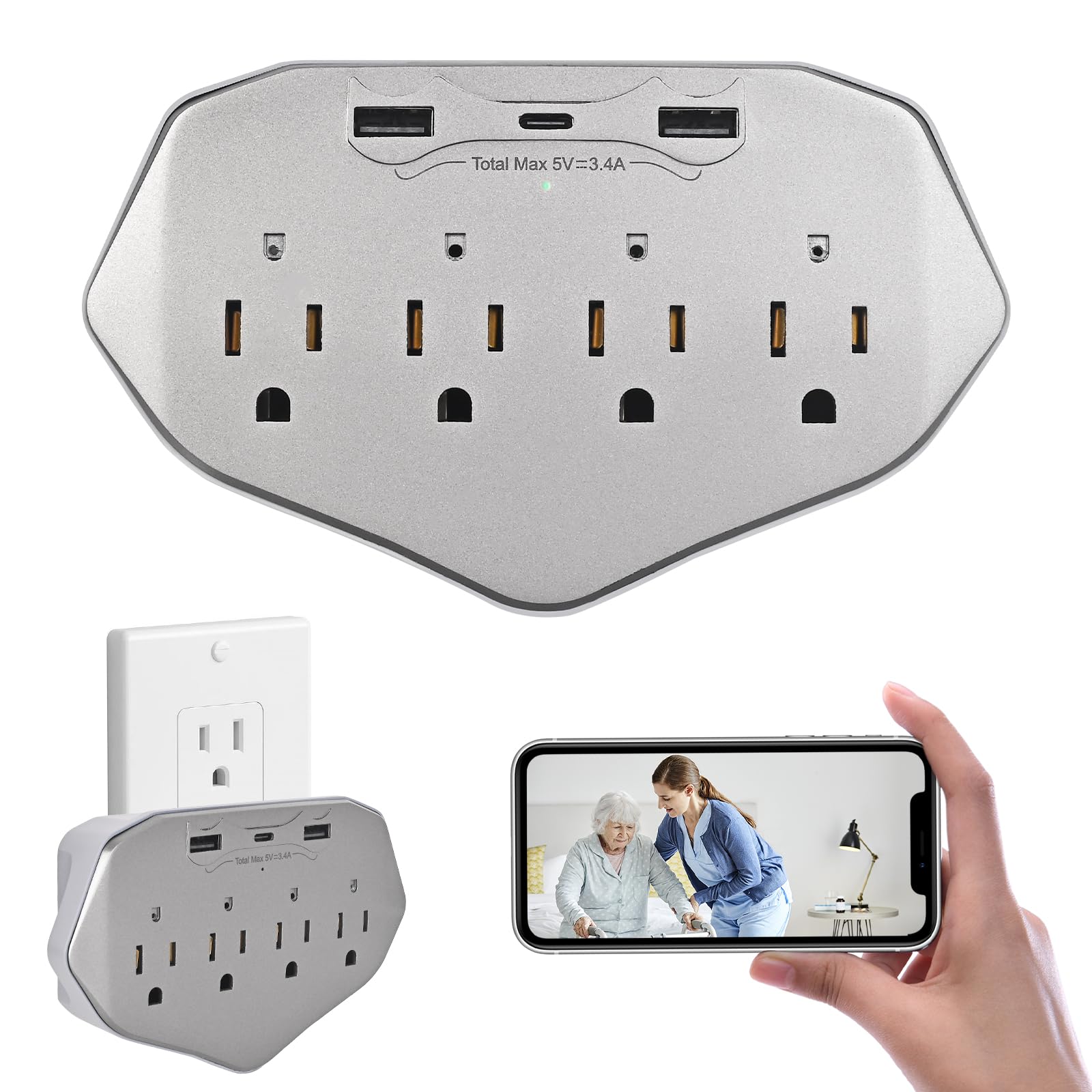 1080P HD Wireless Wall Outlet Charger Security Camera with 45W Fast Charging Station USB-C USB-A Home Security Camera