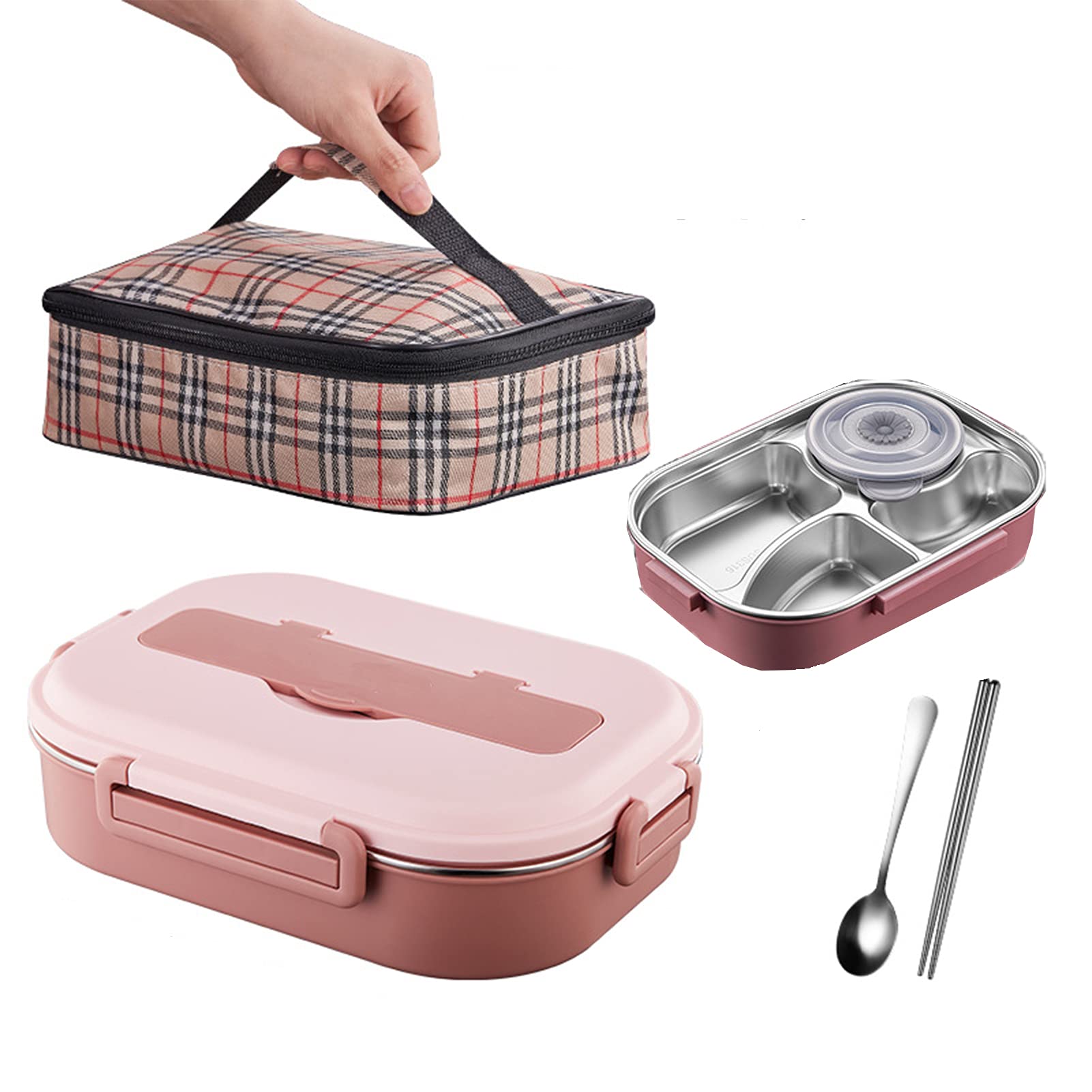 Zestaw pudełek na lunch, 1500 ml szczelne pudełko Bento, termiczny pojemnik na żywność z 4 przegródkami, pudełko na przekąski Pojemnik na lunch Bento z torbą na lunch i sztućcami,Pink