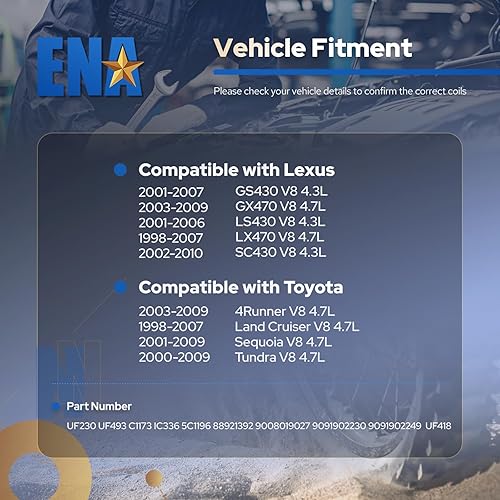 Miniatura 8 de ENA Juego de 8 bobinas de encendido compatibles con Toyota Lexus 4Runner Tundra Land Cruiser Sequoia GS430 GX470 LS430 LX470 SC430 43L 47L V8 de