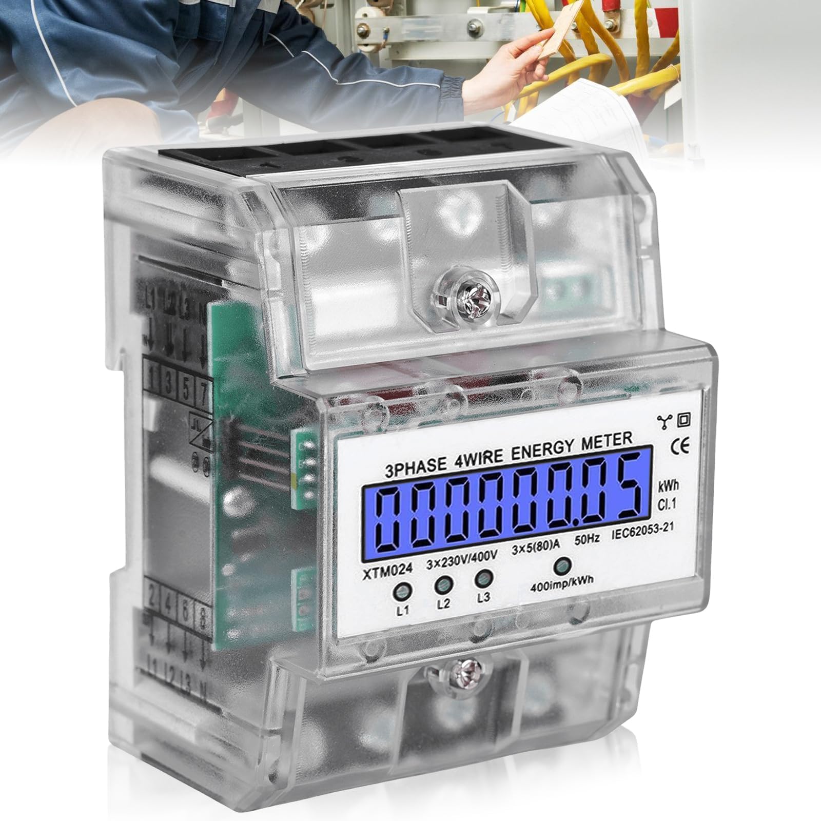 Contador de corriente trifásica, 3 fases, 4 cables, contador de corriente trifásica, contador de corriente trifásica 230/400 V, 5-100 AHutschiene Digital con LCD, contador de corriente trifásica para