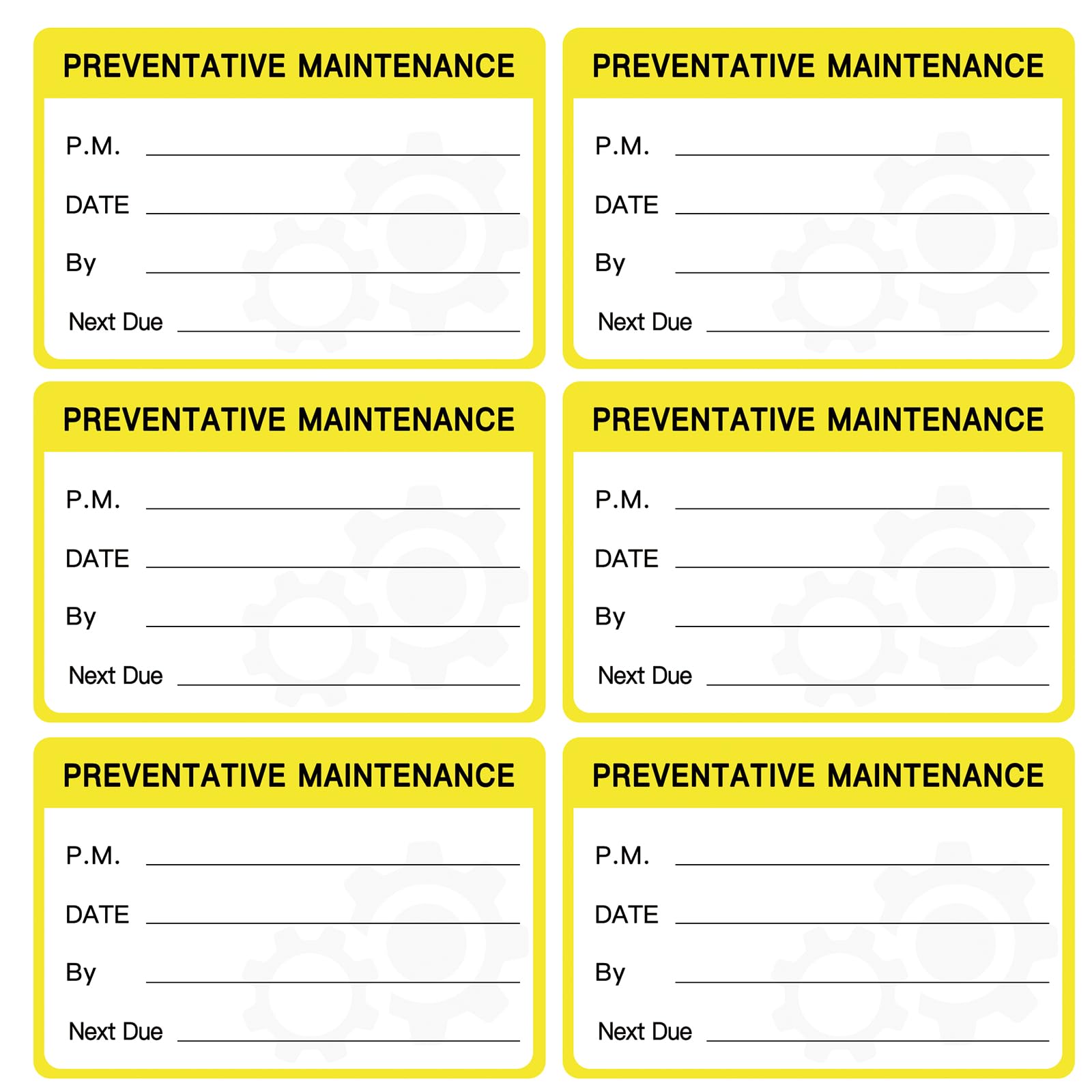 120 calcomanías de mantenimiento preventivo, etiquetas de servicio para equipos, calcomanías de mantenimiento autoadhesivas de 3 x 2 pulgadas (amarillo)
