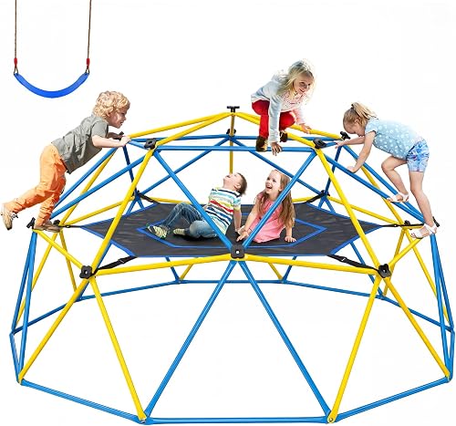 Metal dome climber with hammock and belt swing in a garden
