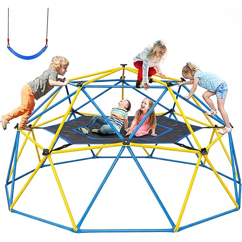 Hapfan 10 FT Climbing Dome with Hammock and Belt Swing, Outdoor Jungle Gym Climbing Toys for Kids 3-8, 8-12, Support 800LBS, Easy Asssembly, Rust-Resistant Playset