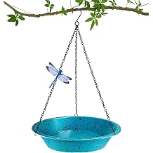 Hanging Birdbath Bird Feeder for Outdoor 11.4 inch Metal Bird Bath Bowl with Detachable Black Chain Hook Metal Dragonfly Birdbath for Garden Yard Patio Decor, Gift for Bird Lovers Lake Blue