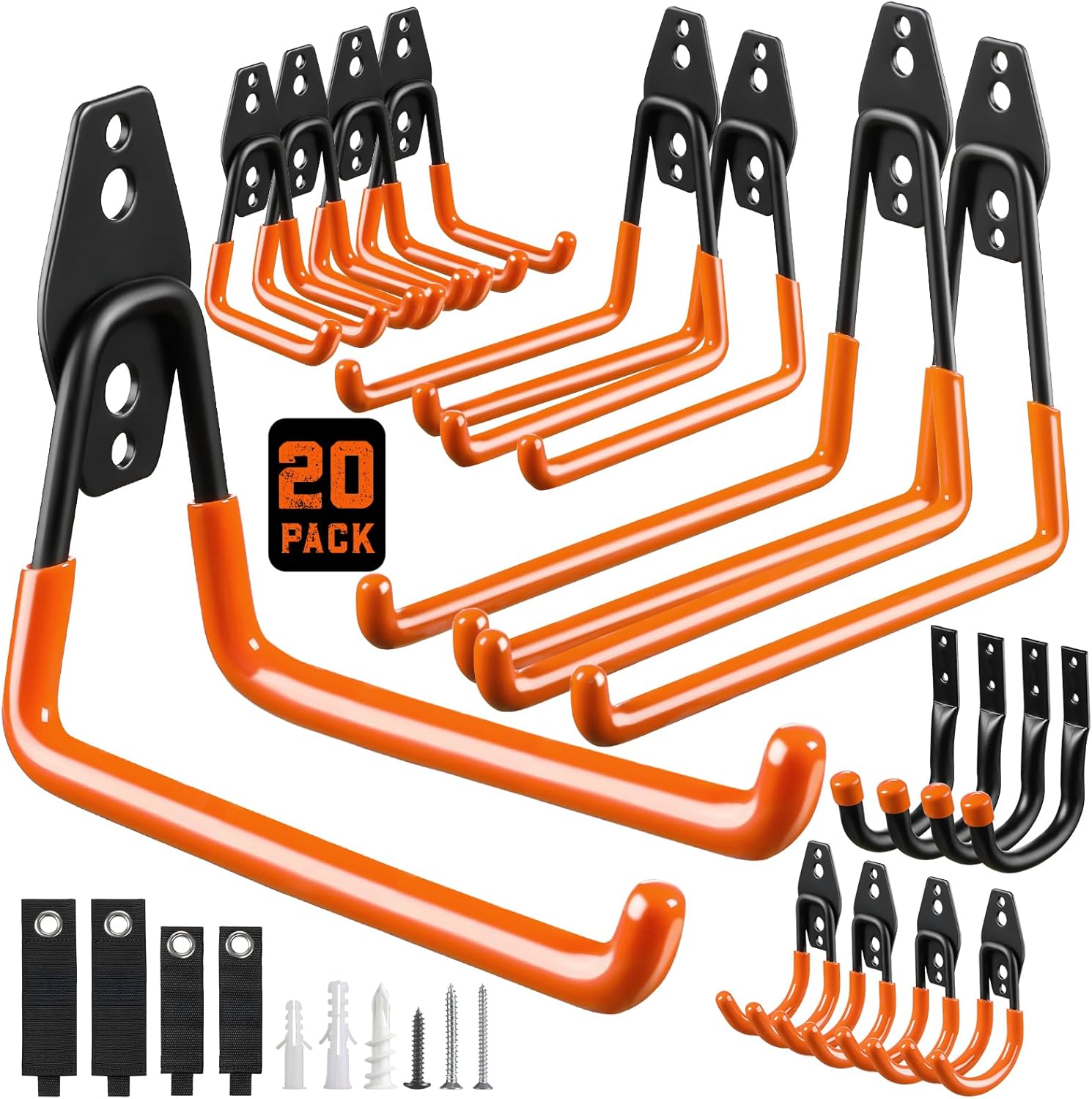 Garage Hooks, 20-Pack Steel Garage Accessories for Organization and Storage, Heavy Wall Mount Duty Hooks with Anti-Slip Coating for Hanging Ladder, Bike, Power Tools and More Tools, Orange