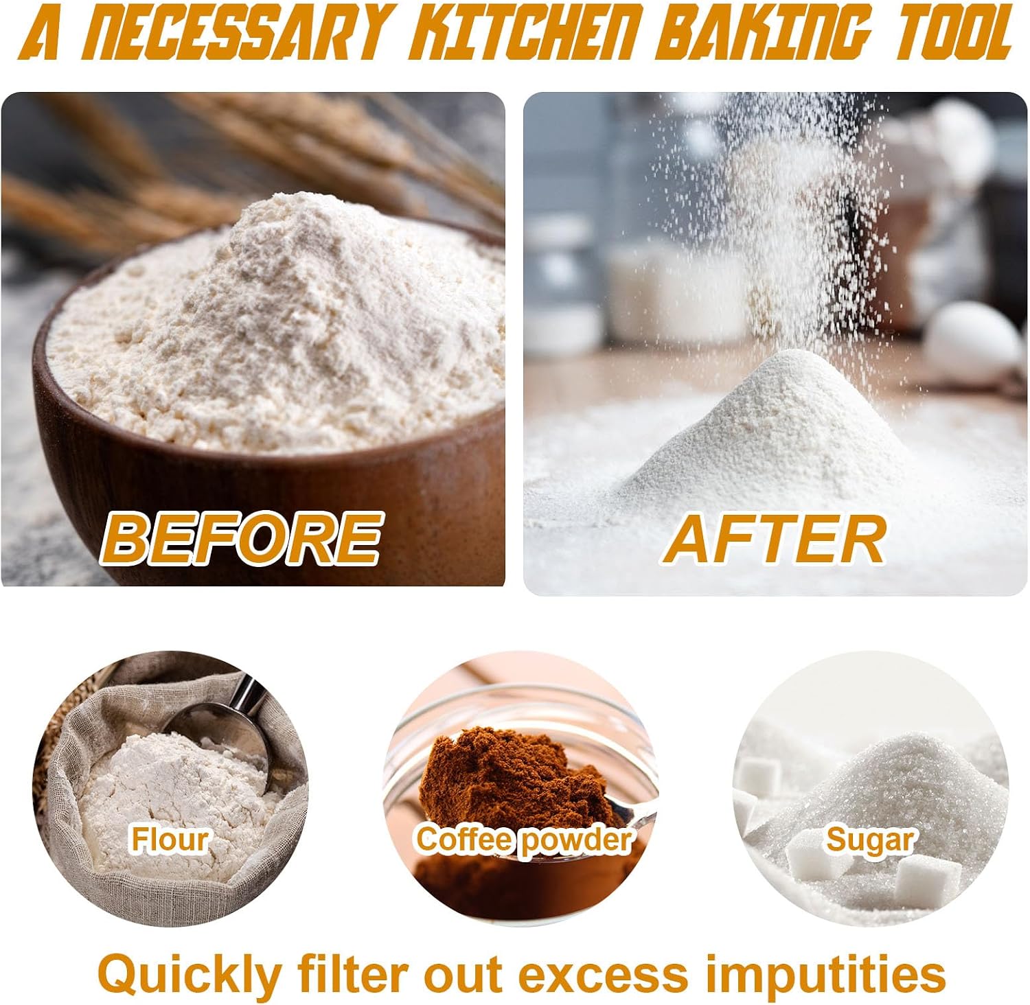 Double Layer Fine Mesh Flour Sifter for Baking, 1.5 Cup Plastic Sifter for Powdered Sugar with Tray, One Hand Press Design Strainer for Kitchen Cakes