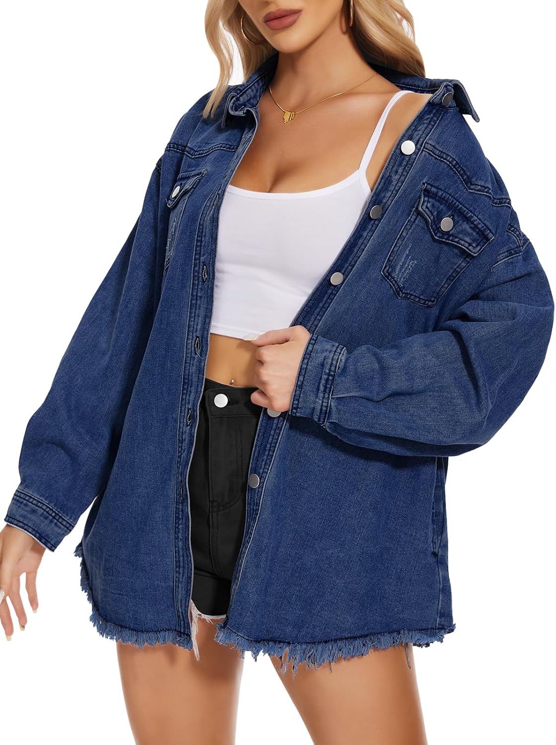 Women Oversized Button Up Denim Long Boyfriend Distresse Jean Jacket Frayed Hem Shacket