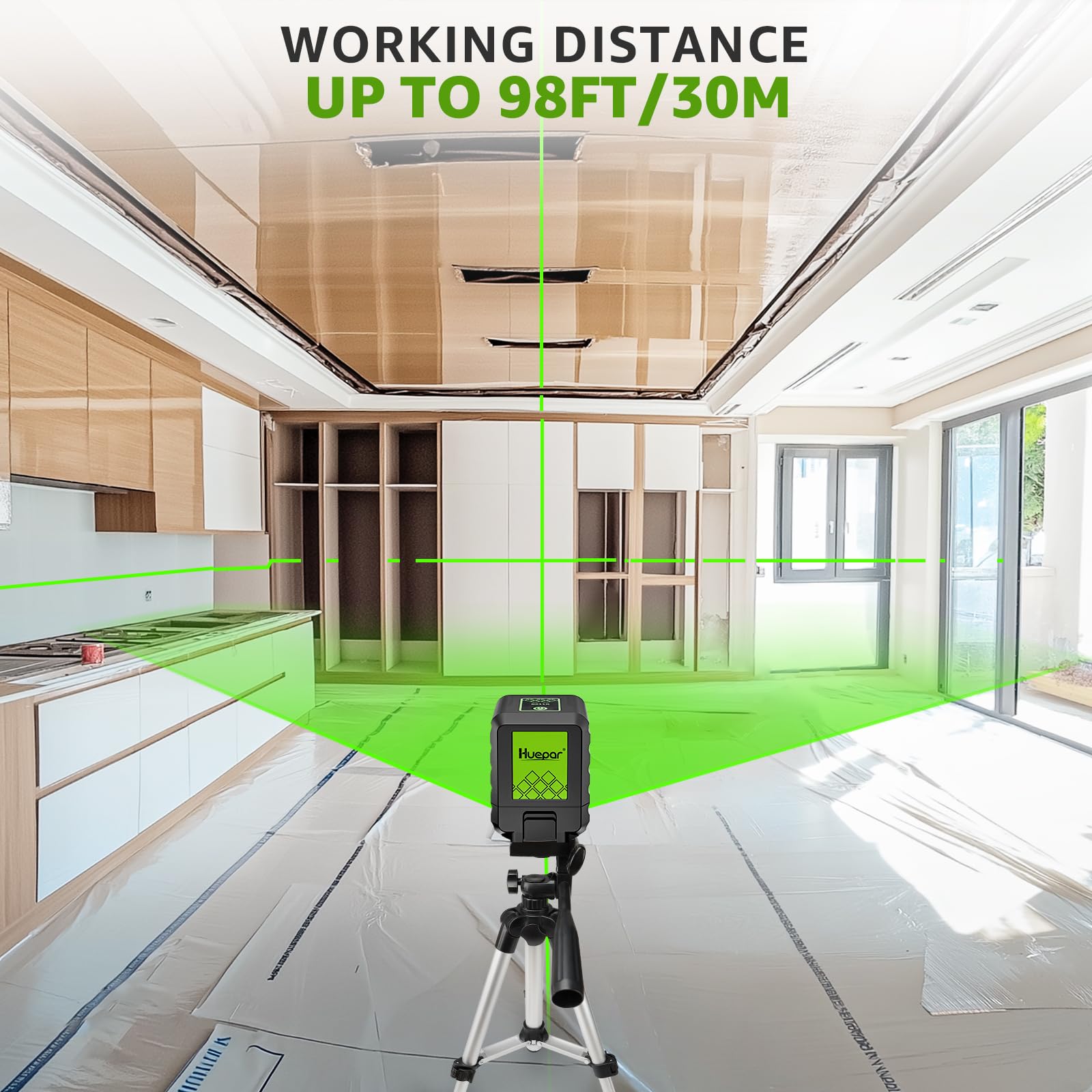 [nuovo aggiornamento]Laser a linea trasversale fai-da-te con 100cm treppiede,strumento di livello laser autolivellante Huepar 30M,laser a linea trasversale verde per appendere quadri, piastrelle-B011