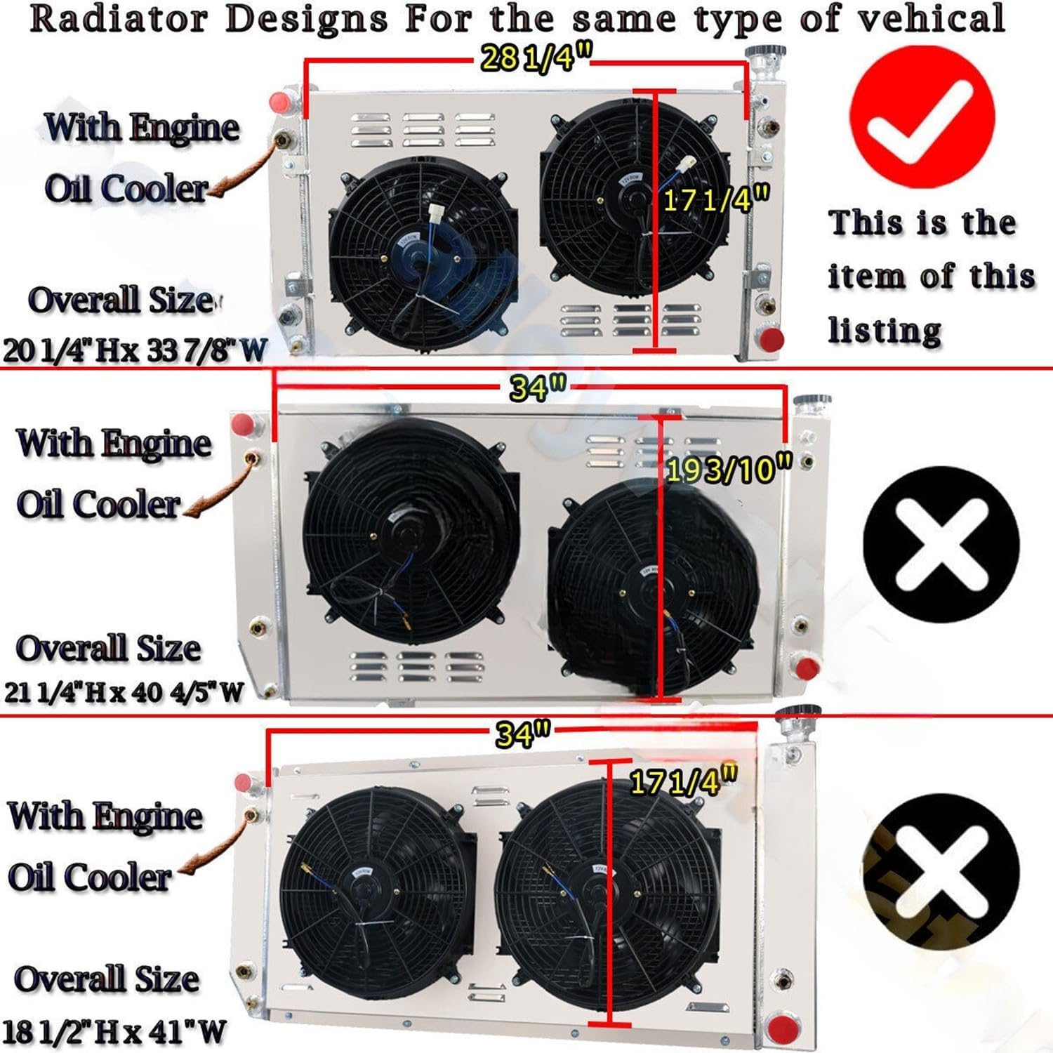 ALLOYWORKS 3 Row All Aluminum Radiator Shroud Fan Relay Kit for 1988-1999 Chevy GMC C/K Series C1500 C2500 C3500 K1500 K2500 5.0L 5.7L V8 Crossflow Radiators, OEM CU622,17 1/4" H X 28 1/4"W