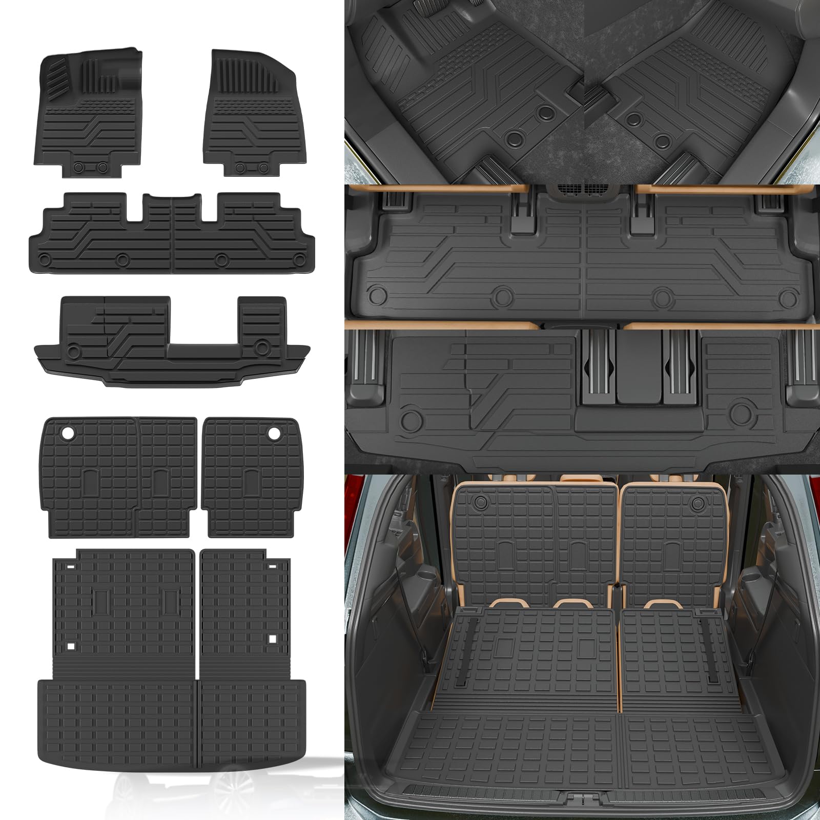 Rongtaod 7&8 Seats Floor Mats Compatible with 2022-2025 Nissan Pathfinder Cargo Mat Trunk Mat Trunk Liner Kick Mats Back Seat Cover All Weather Pathfinder Accessories (Floor Mats Full Set 7pcs)