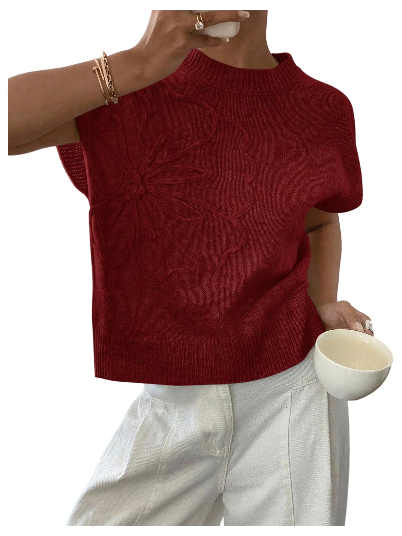SOLY HUX Womens Short Sleeve Sweater 3D Floral Sweaters Pullover Tank Tops Knit Vest Trendy Fashion Clothing Rust