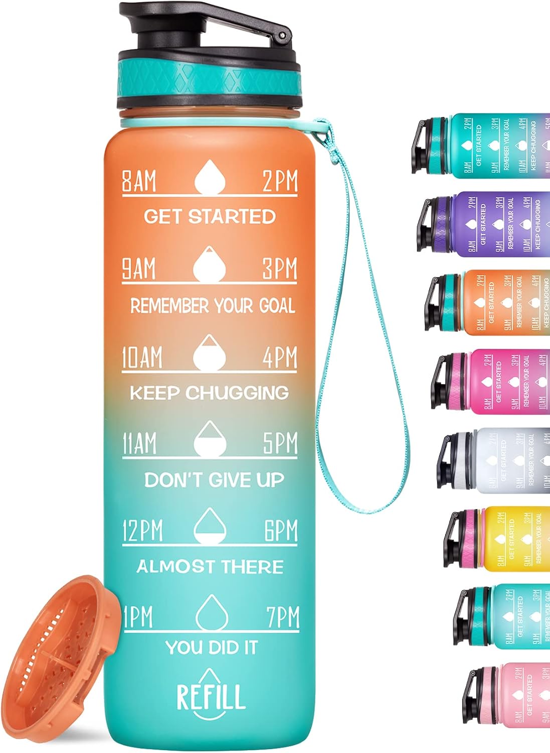 Venture Pal 32oz Motivational Water Bottle with Time Marker & Removable Strainer, Portable Fast Flow BPA Free Leak Proof Water Jug to Ensure You Drink More Water