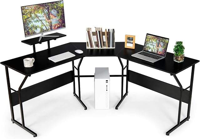 CASART L-Shaped Computer Desk, 2-Person Double Study Writing Desk with Raised Monitor Shelf & Adjustable Foot Pads, Home Office Computer Workstation Working Table (Black)