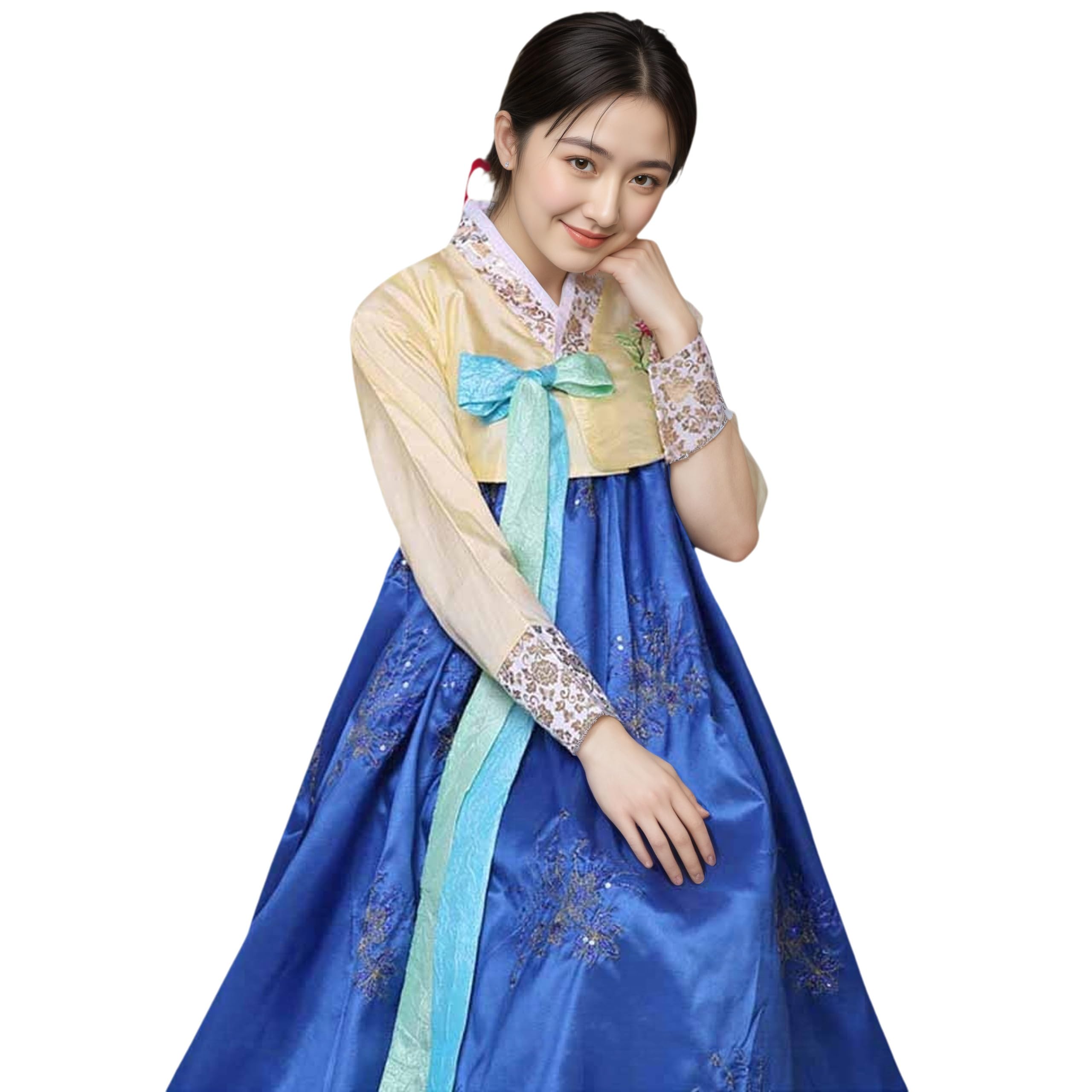 Traditionelles Koreanisches Hanbok-Kleid für Damen, langärmelig, Palast, Hochzeit, Tanzkostüm, mit gestickten Blumendetails