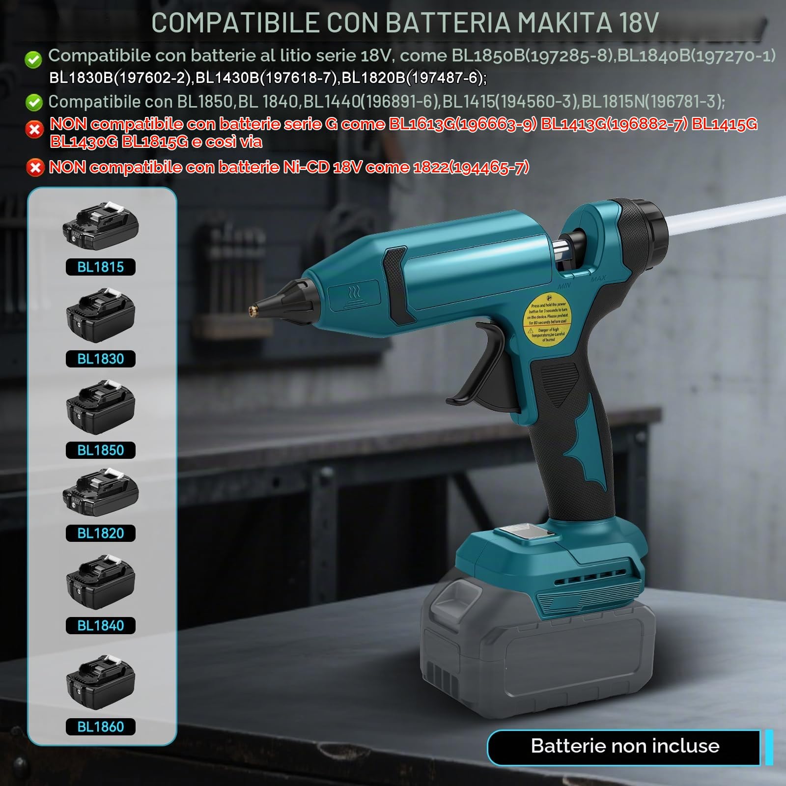 Pistola Colla a Caldo Senza Fili per Makita 18V (senza Batteria) | 100W, Max. 200℃, Preriscaldamento Rapido, Display Temperatura e Batteria, per Fai-da-te e Riparazioni
