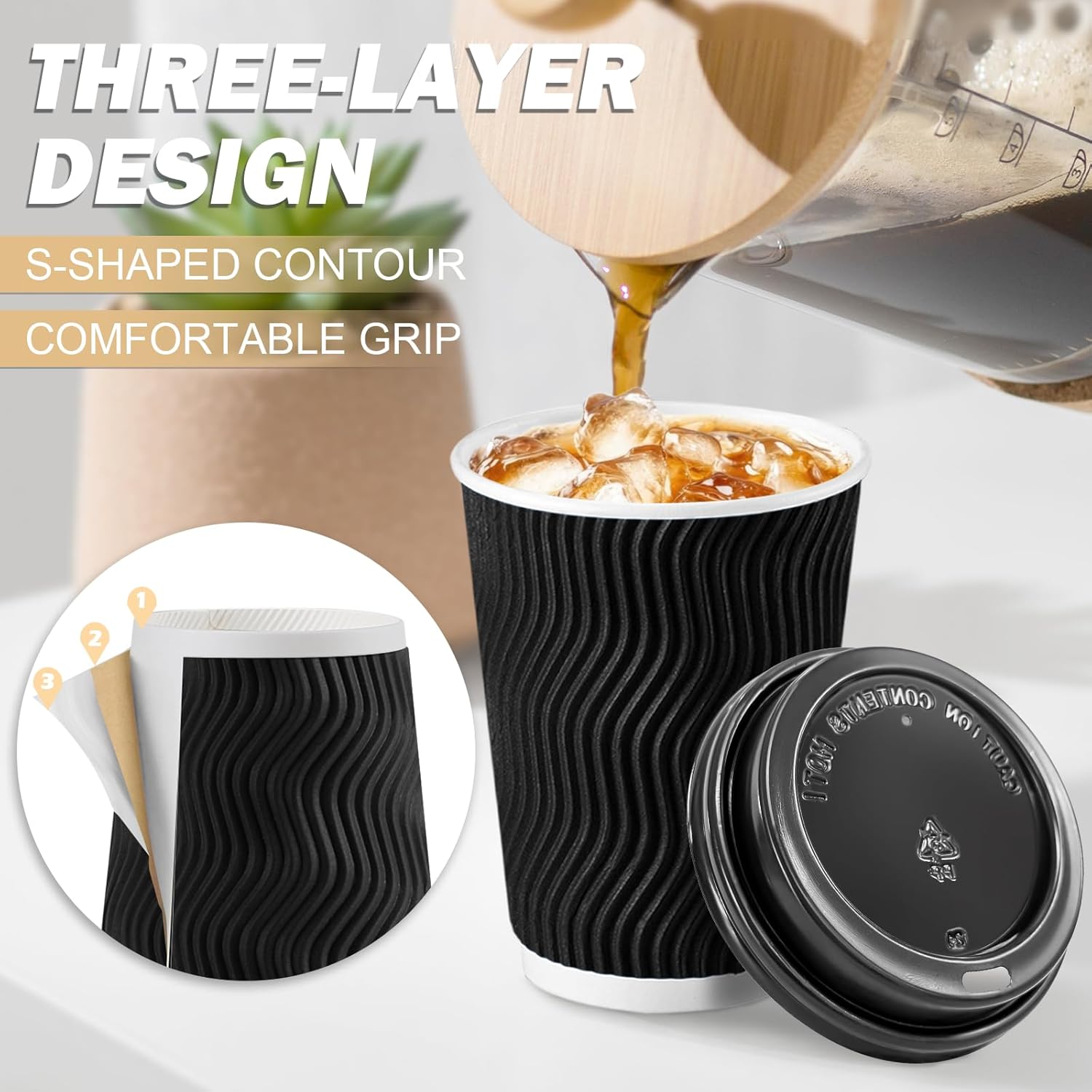 Lamosi 500 Pack 16 oz Disposable Paper Coffee Cups with Lids, To Go Coffee Cups with Lids Bulk, Insulated Hot Drink Cups for Hot/Cold Beverages, Office, Hotel, Cafe Bar（Black)