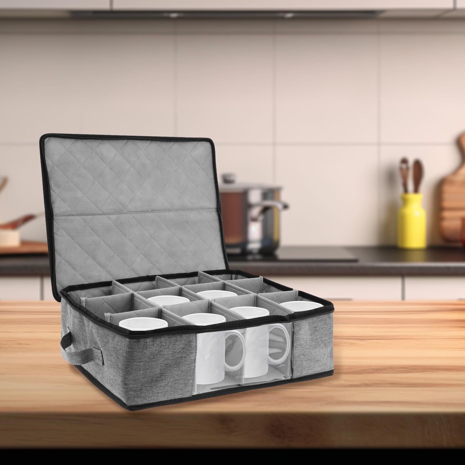 China Storage Containers, Coffee Cup Storage Box, Holds 12 Glassware Coffee Mugs & Tea Cups, Padded Dinnerware Case with Dividers, Handles & Zipper Lid, Oxford Cloth Storage with Clear Window