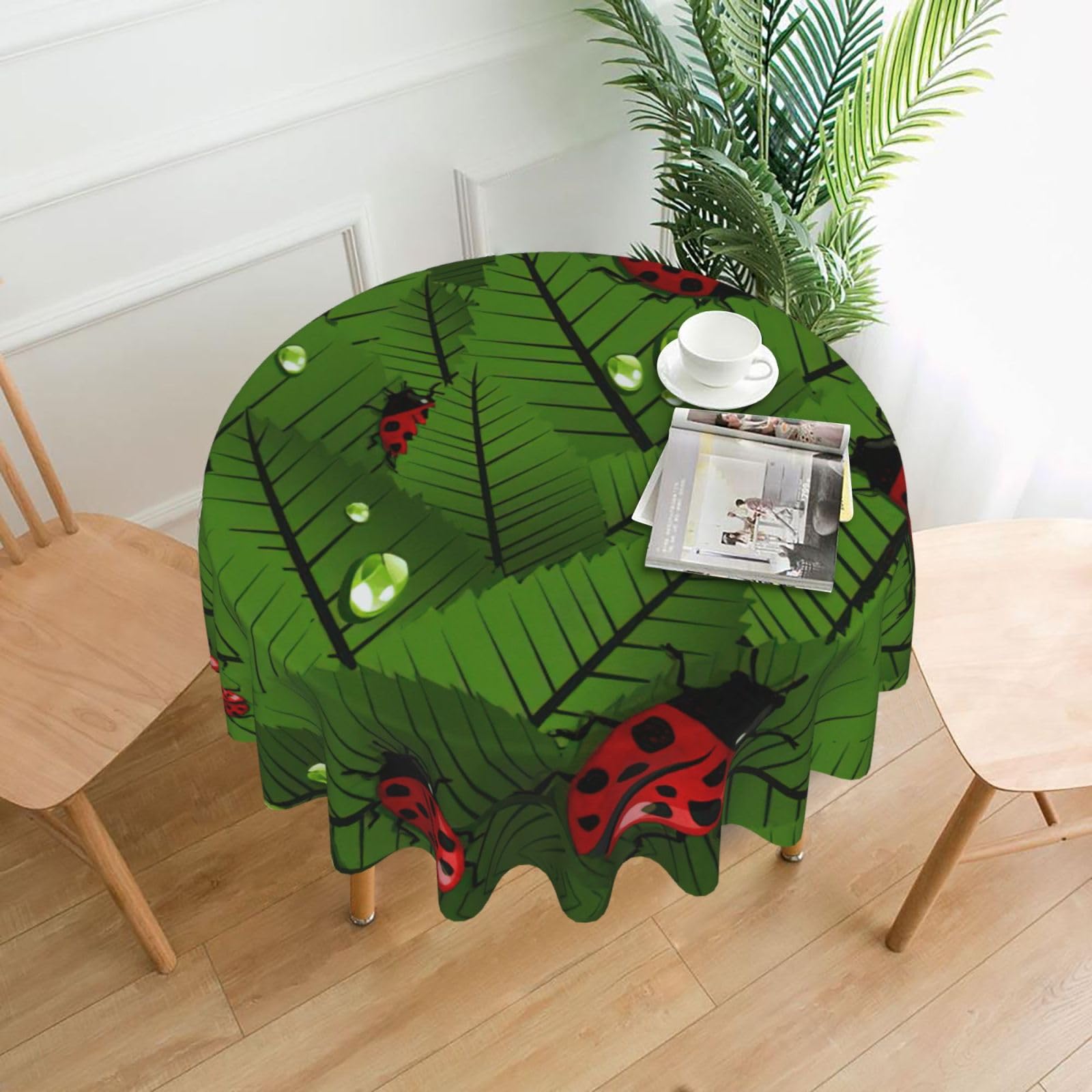 VCzsdff Leaves and Ladybugs Print Stain Resistant Round Tablecloth 60in Family Friendly Polyester Cloth for Kids Meals