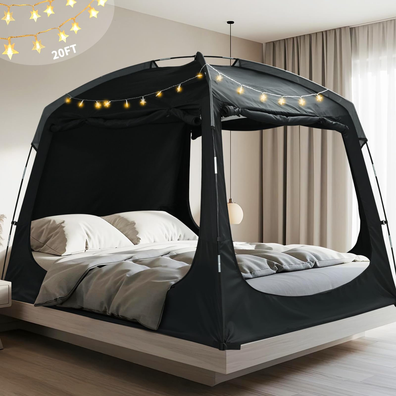 Bed Tent Twin Full Queen King Size Canopy Tent for Kids and Adult - 80% Blackout Indoor Sleeping Tents with Star String Lights, Big Space Breathable Dome Tent Playhouse for Boys & Girls