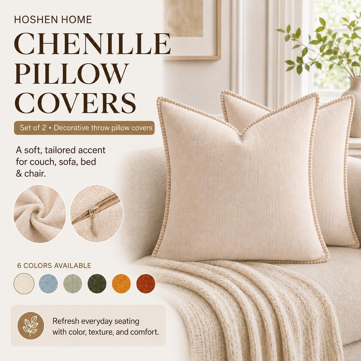 Decorative Throw Pillow Covers 18x18Inch, Pack of 2 Beige Chenille Soft Pillow Covers with Stitched Edge,Farmhouse Neutral Euro Decorative Pillows for Bed Couch Sofa Home Decor Living Room thumbnail