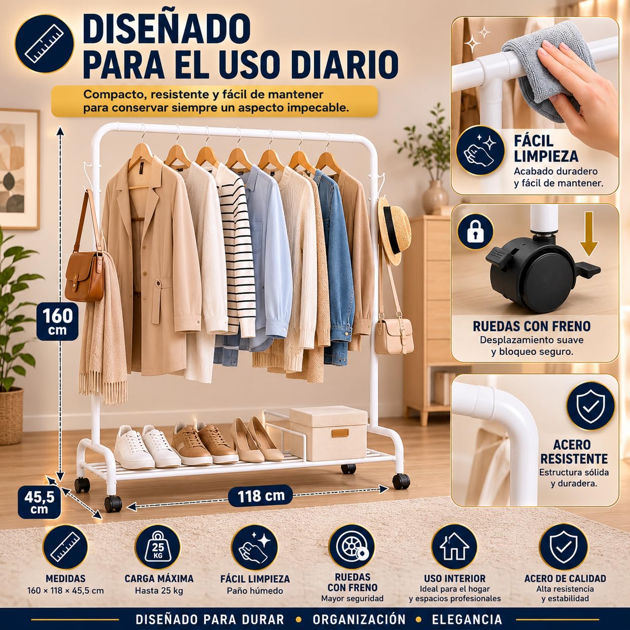 TIENDA EURASIA – Perchero Burro para Ropa con Ruedas | Acero | 4 Ganchos Laterales | Topes Antideslizantes | 4 Ruedas con Freno | Carga Máxima 25 kg | Blanco | 160x118x45.5 cm