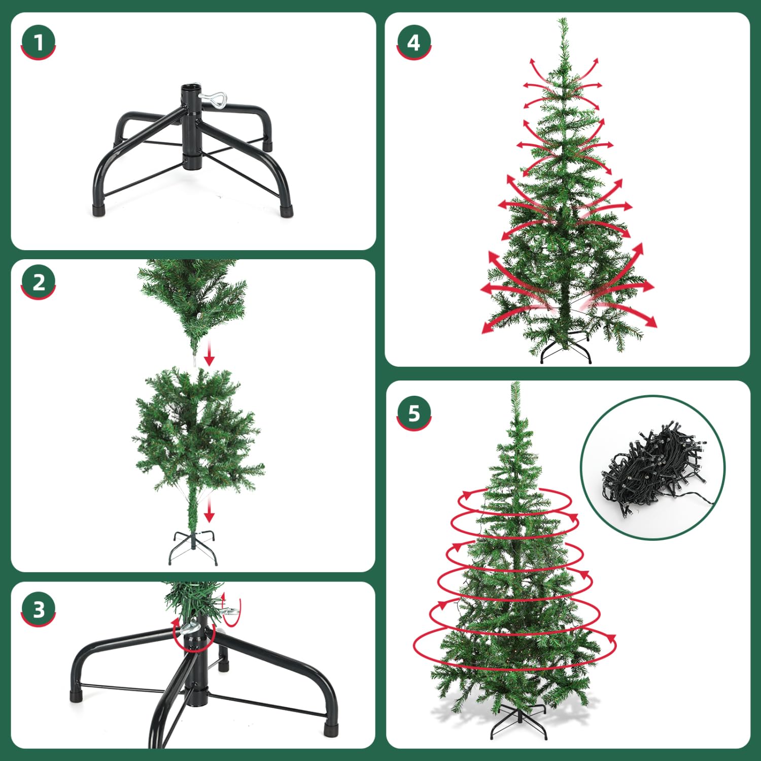 Aigostar Albero di Natale Artificiale da 180 CM,con Catena di Luci LED da 18 M,300 LED Bianco Caldo,8 Modalità di Illuminazione,450 Rami,Colore Verde,Include Supporto in Metallo.