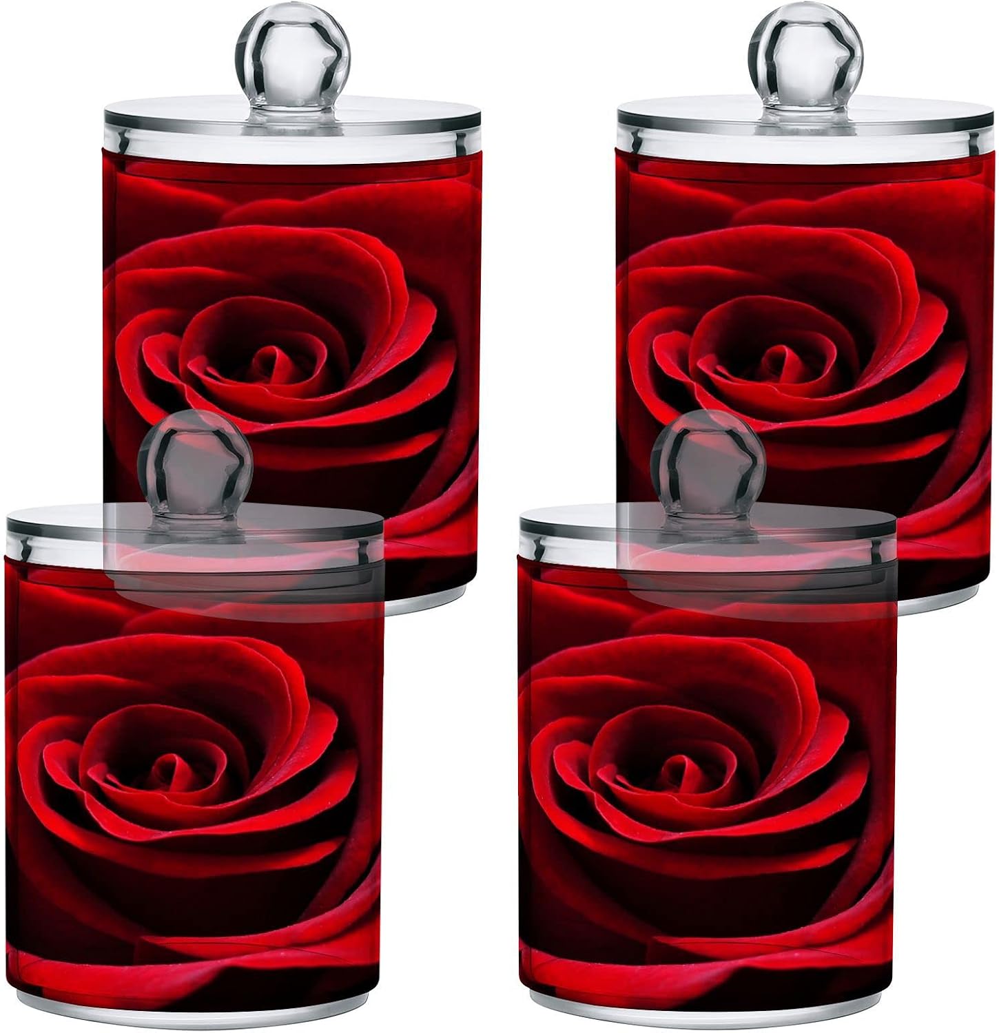 2 Pack Red Rose Apothecary Jars with Lid, Qtip Holder Storage Containers for Cotton Ball, Swabs, Pads, Clear Plastic Canisters for Bathroom Vanity Organization (10 Oz)